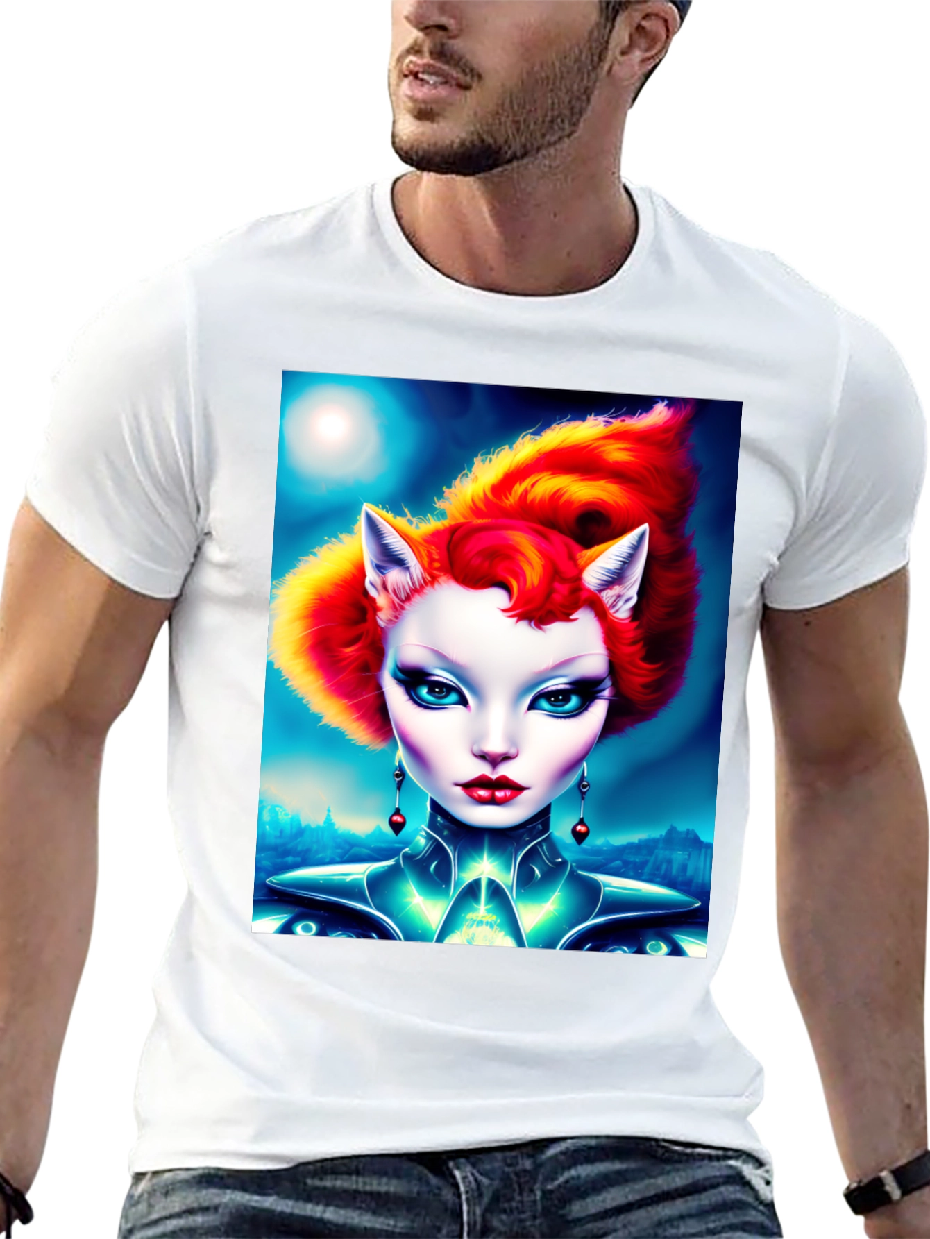 Futuristic Cat Lady Black T-Shirt