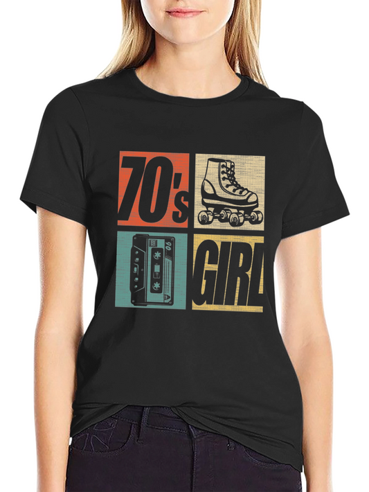 70s Girl Retro Roller Skate Cassette T-Shirt