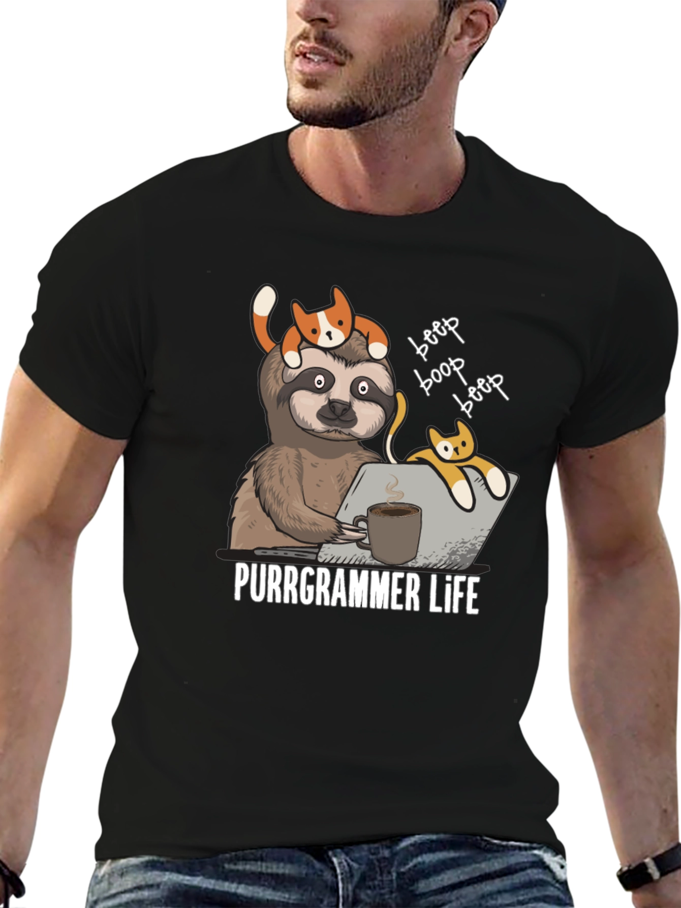 Purrgrammer Life T-Shirt - Sloth Programmer with Cats