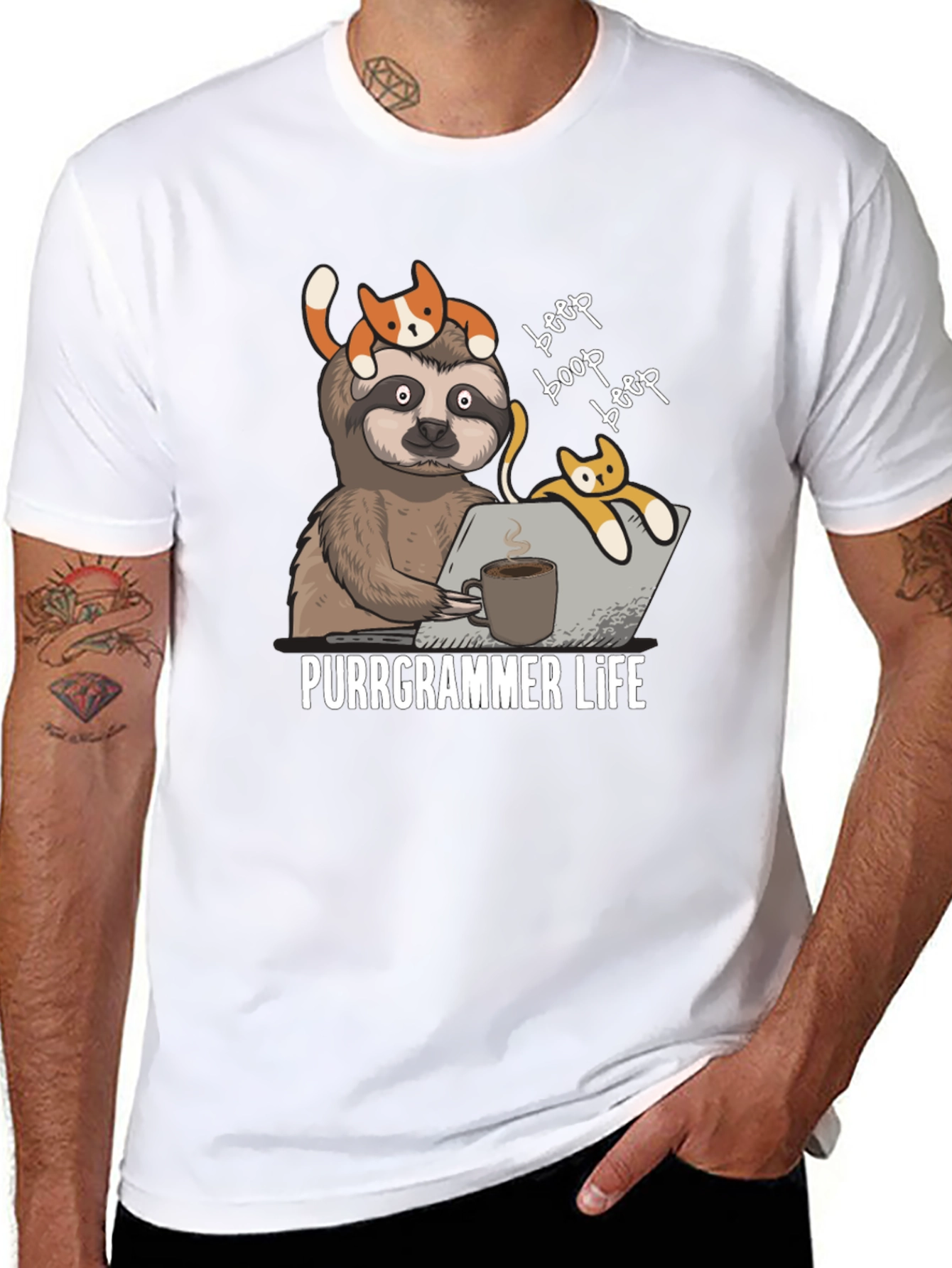 Purrgrammer Life T-Shirt - Sloth Programmer with Cats