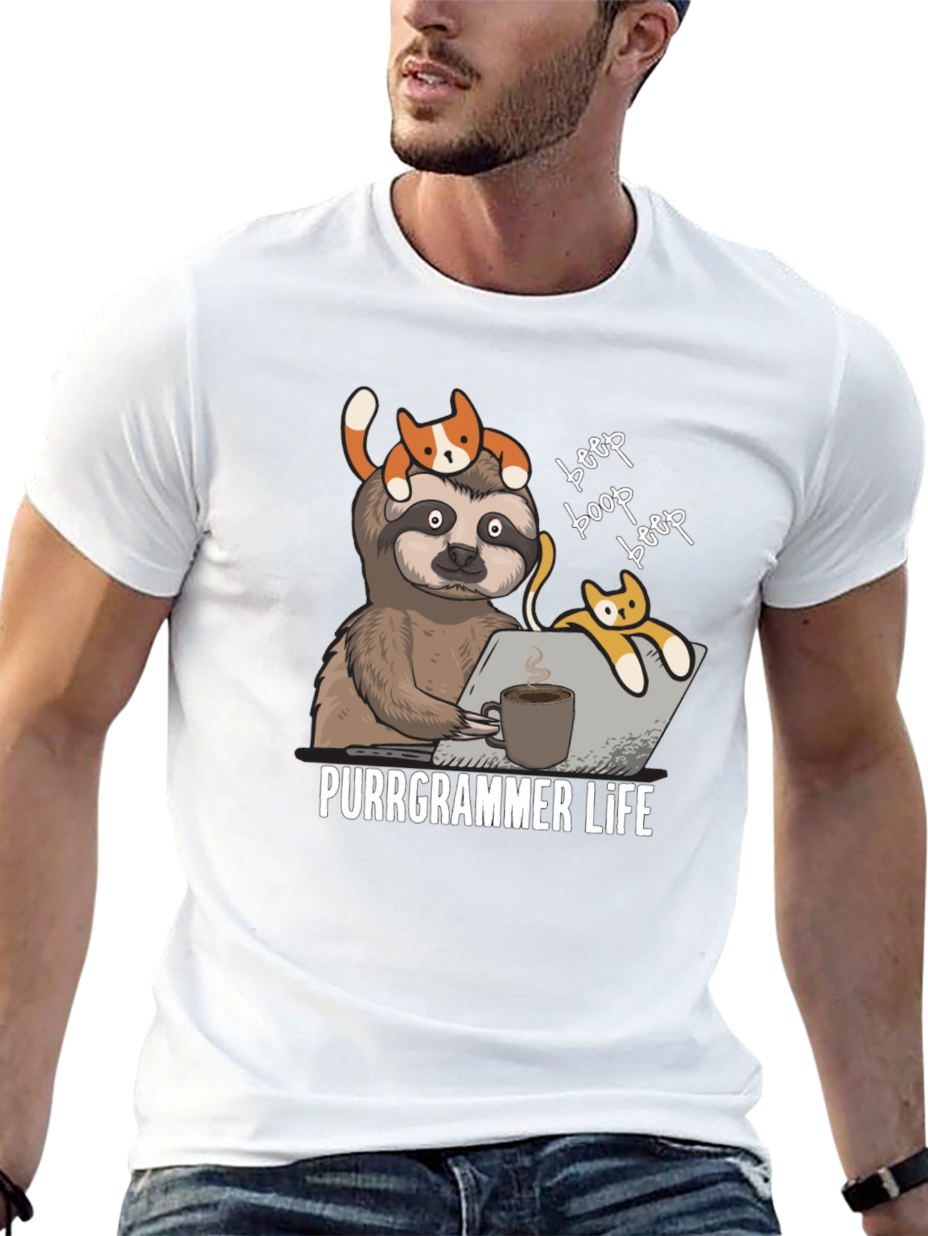 Purrgrammer Life T-Shirt - Sloth Programmer with Cats