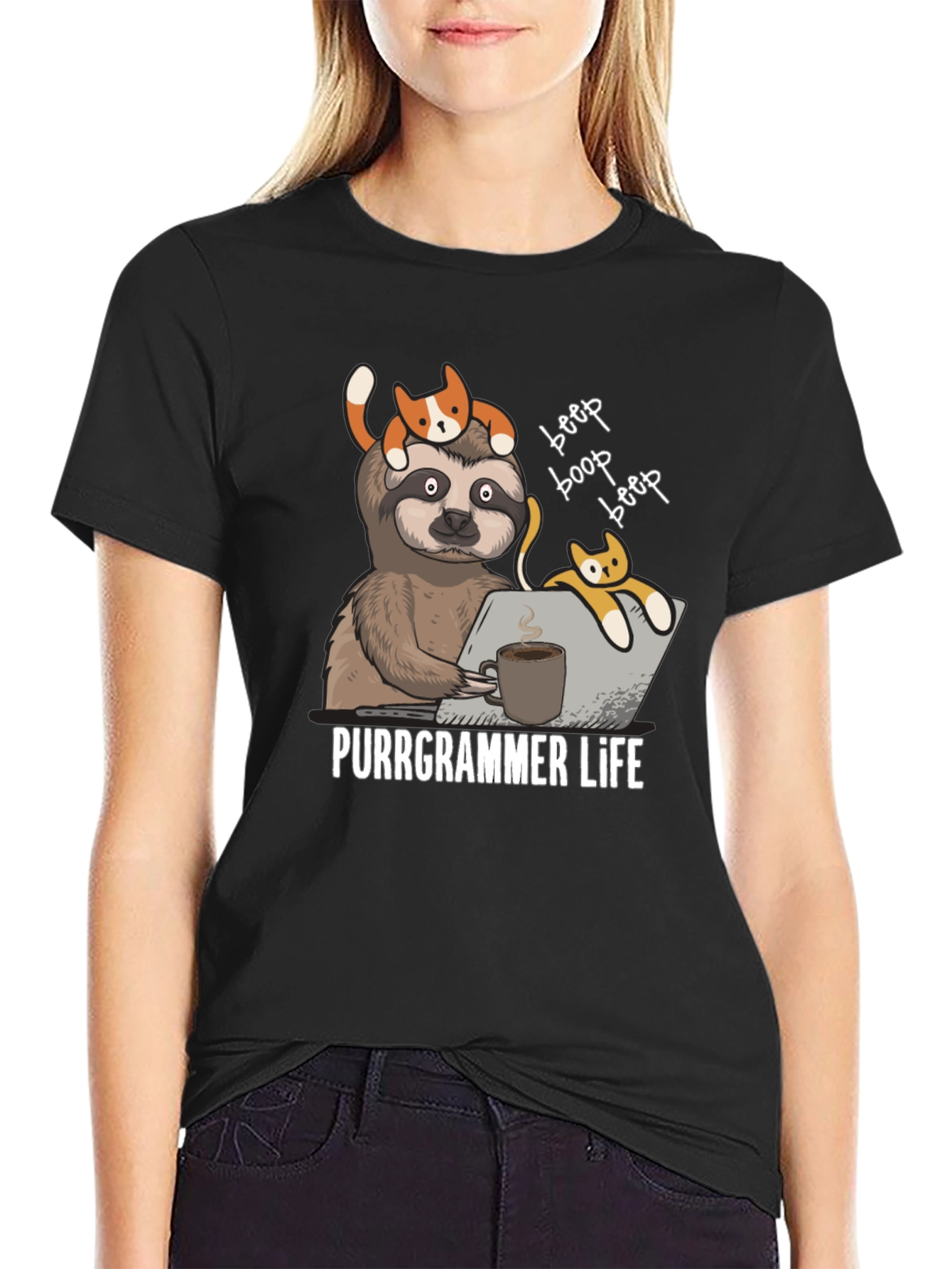 Purrgrammer Life T-Shirt - Sloth Programmer with Cats