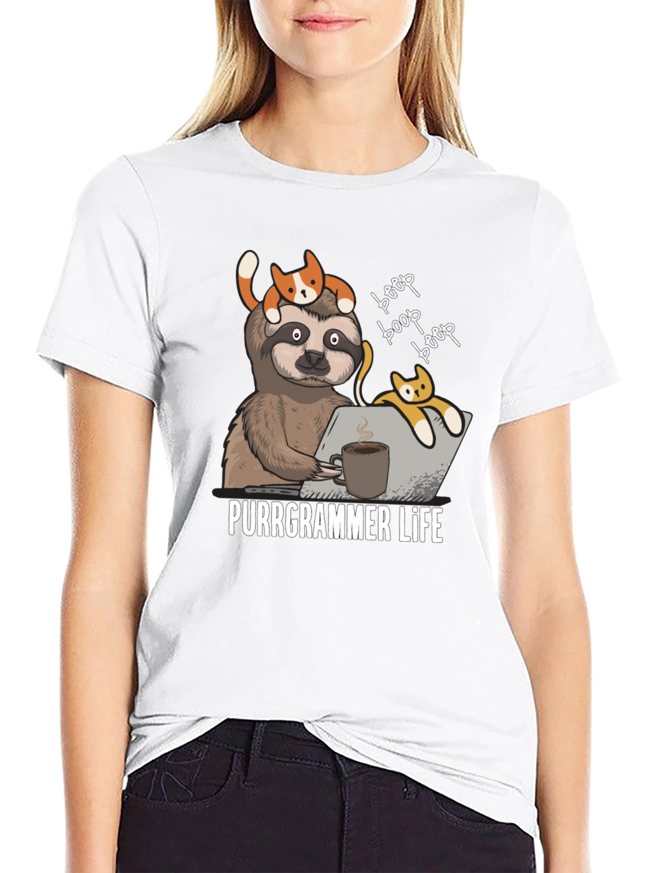 Purrgrammer Life T-Shirt - Sloth Programmer with Cats