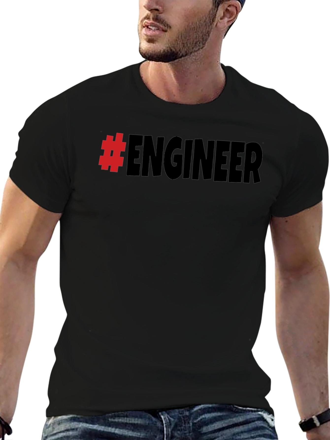 #Engineer Black Cotton Graphic T-Shirt