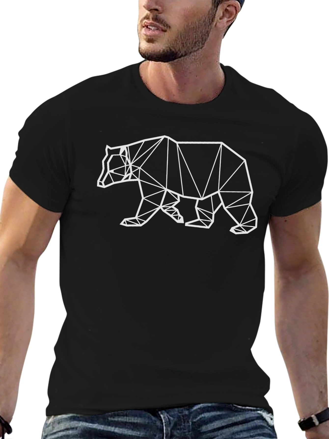 Geometric Bear Graphic Tee - Modern Mens Black T-Shirt