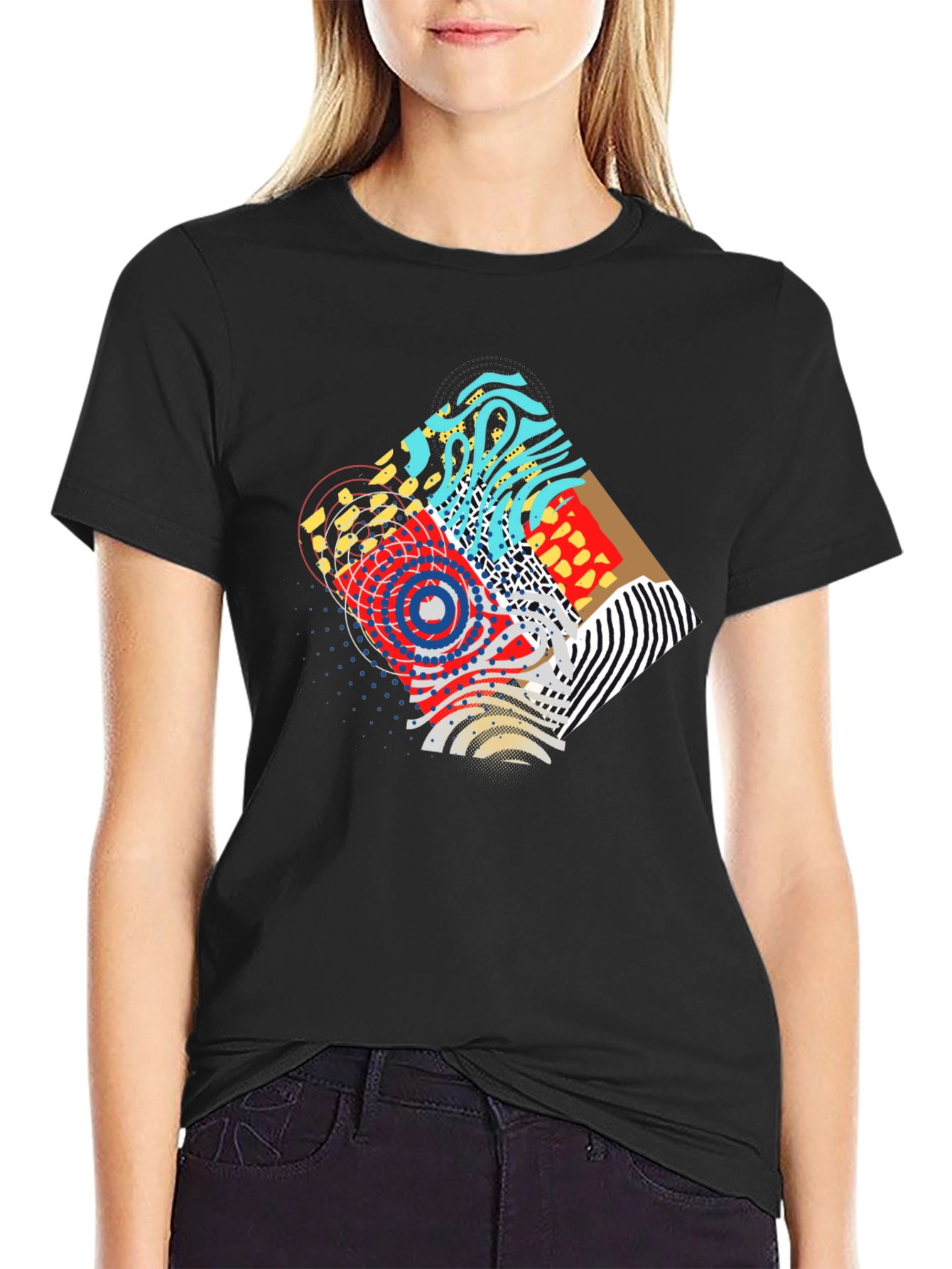Abstract Graphic Print Black Crew Neck Tee