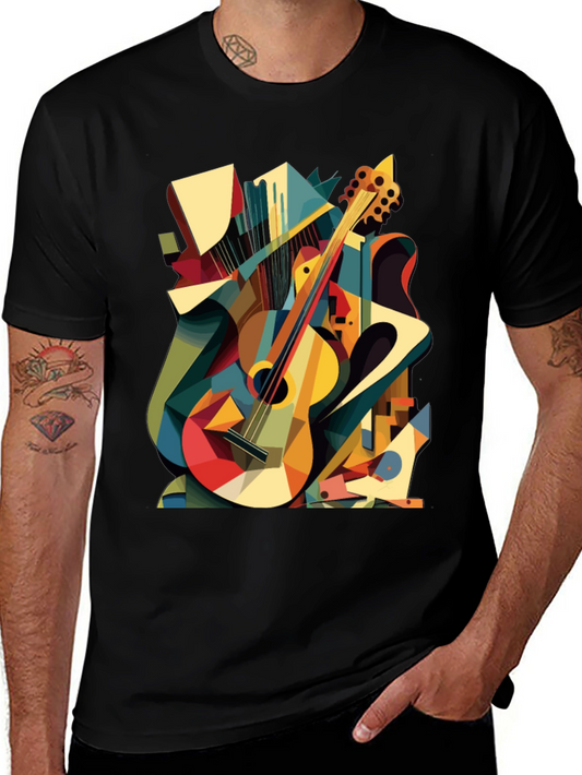 Abstract Guitar Graphic Tee - Black Cotton T-Shirt