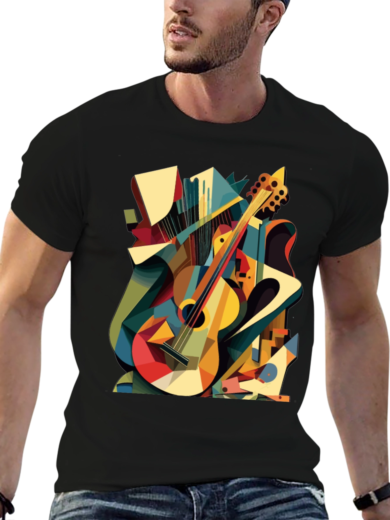 Abstract Guitar Graphic Tee - Black Cotton T-Shirt