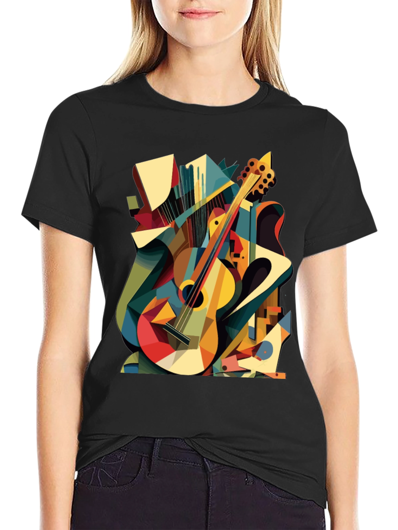 Abstract Guitar Graphic Tee - Black Cotton T-Shirt