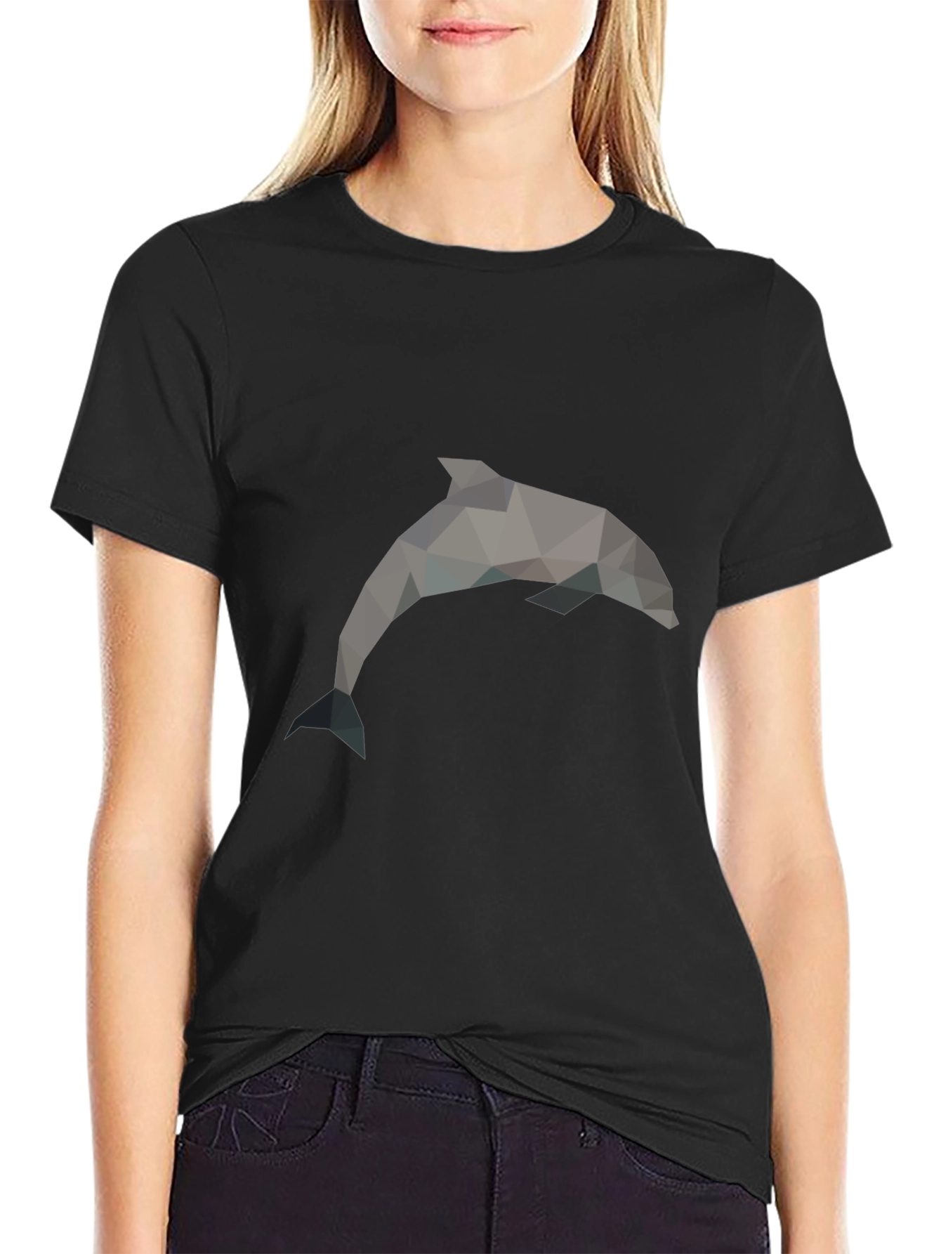 Geometric Dolphin Print Black T-Shirt