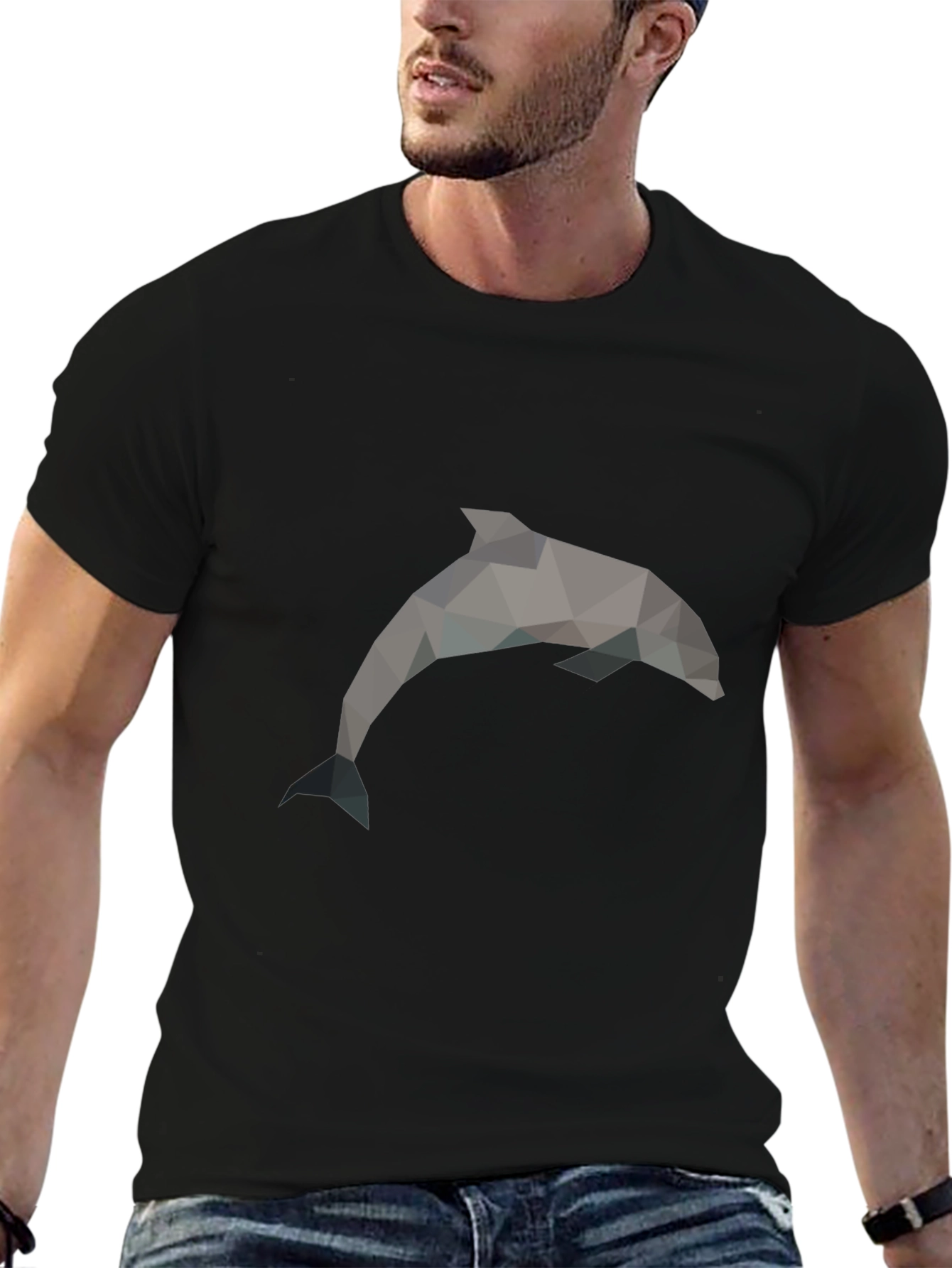 Geometric Dolphin Print Black T-Shirt