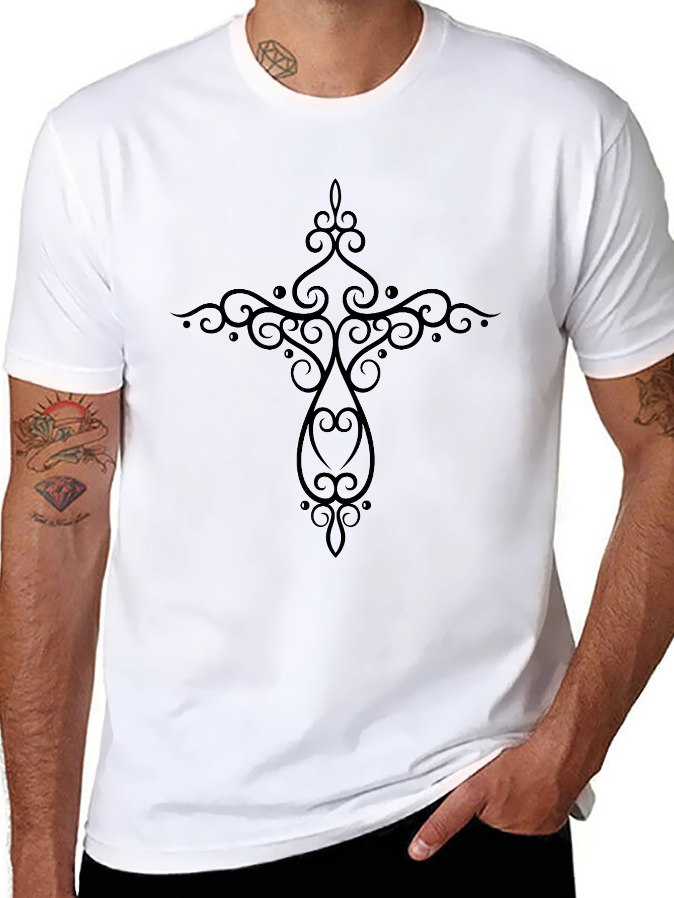 Elegant Cross Design Black T-Shirt