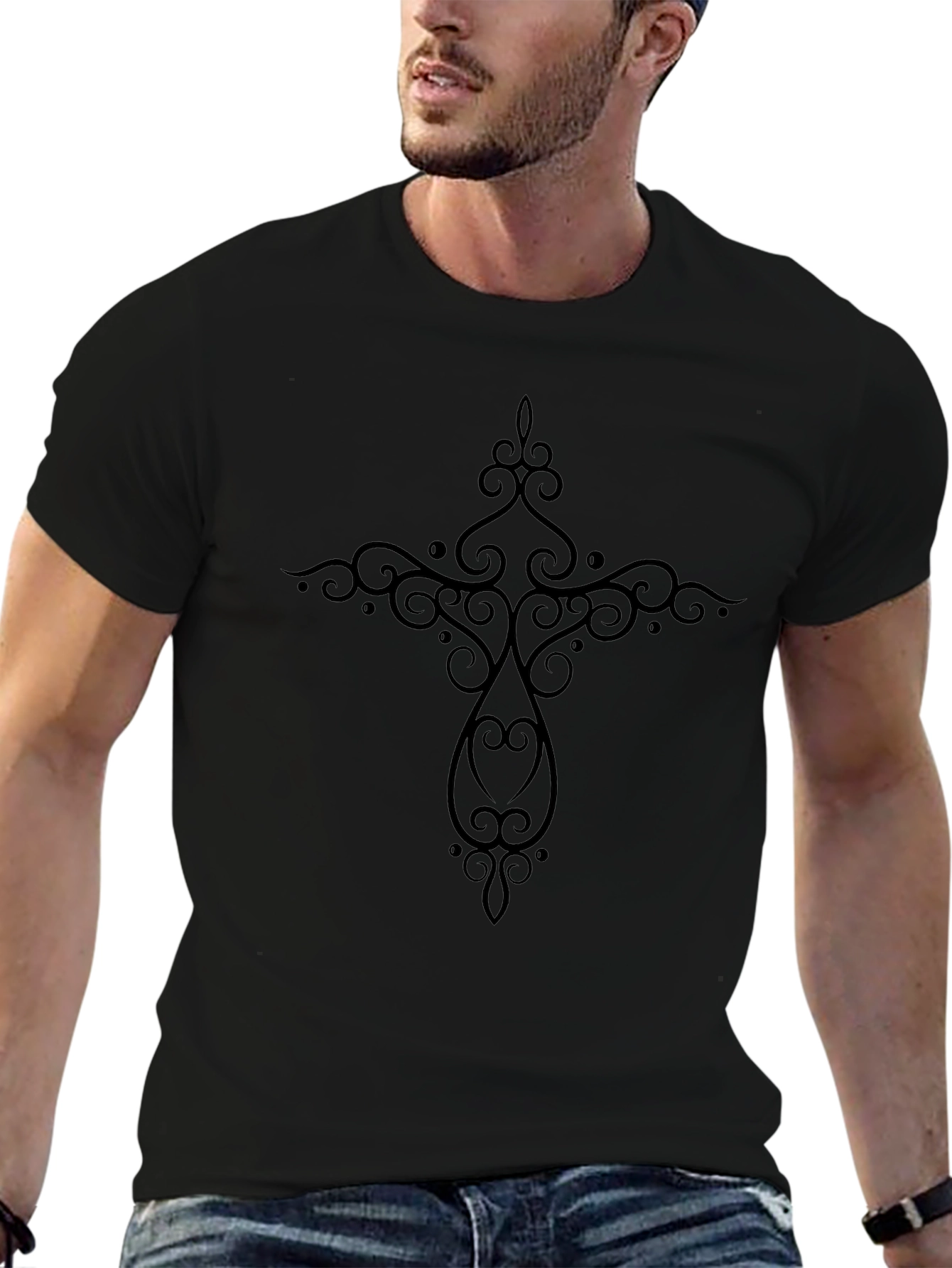 Elegant Cross Design Black T-Shirt