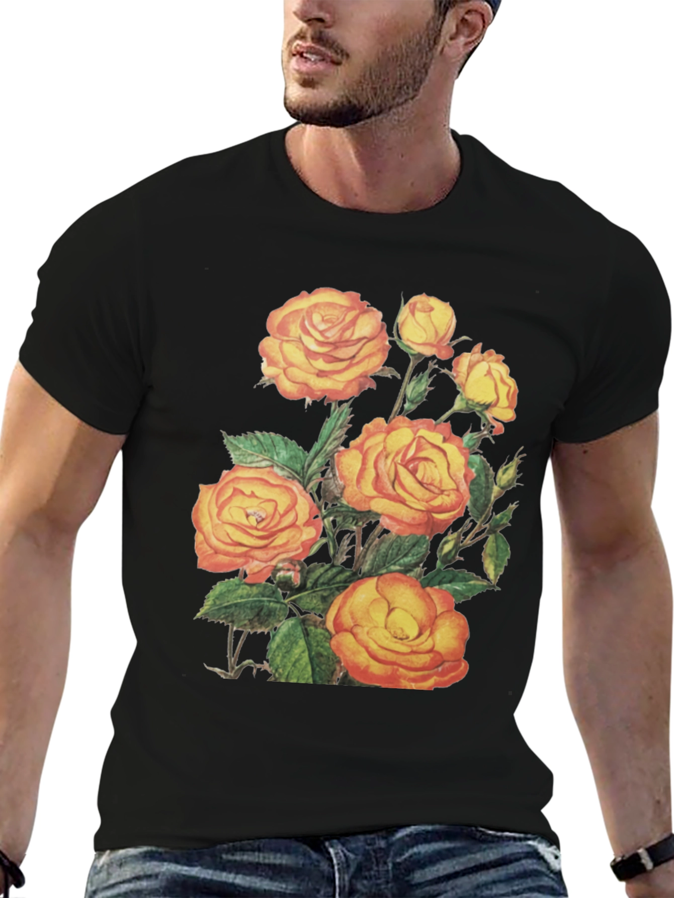 Floral Roses Graphic Tee - Mens Black T-Shirt