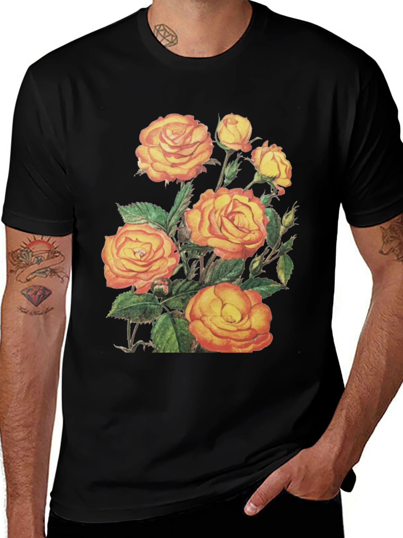 Floral Roses Graphic Tee - Mens Black T-Shirt