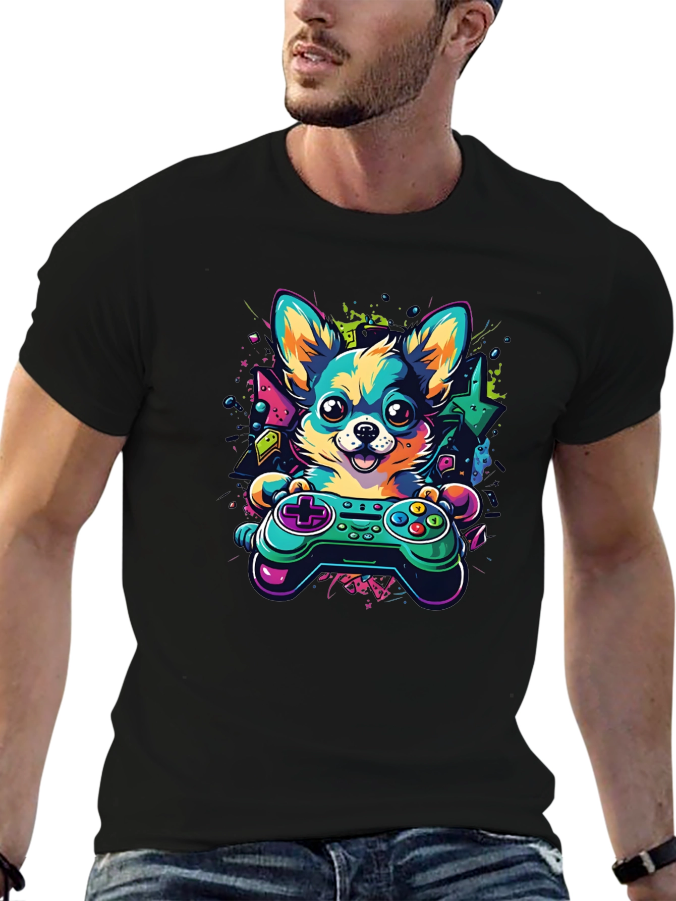 Gaming Dog Controller T-Shirt – Neon Gamer Dog Lover Graphic Tee Gift