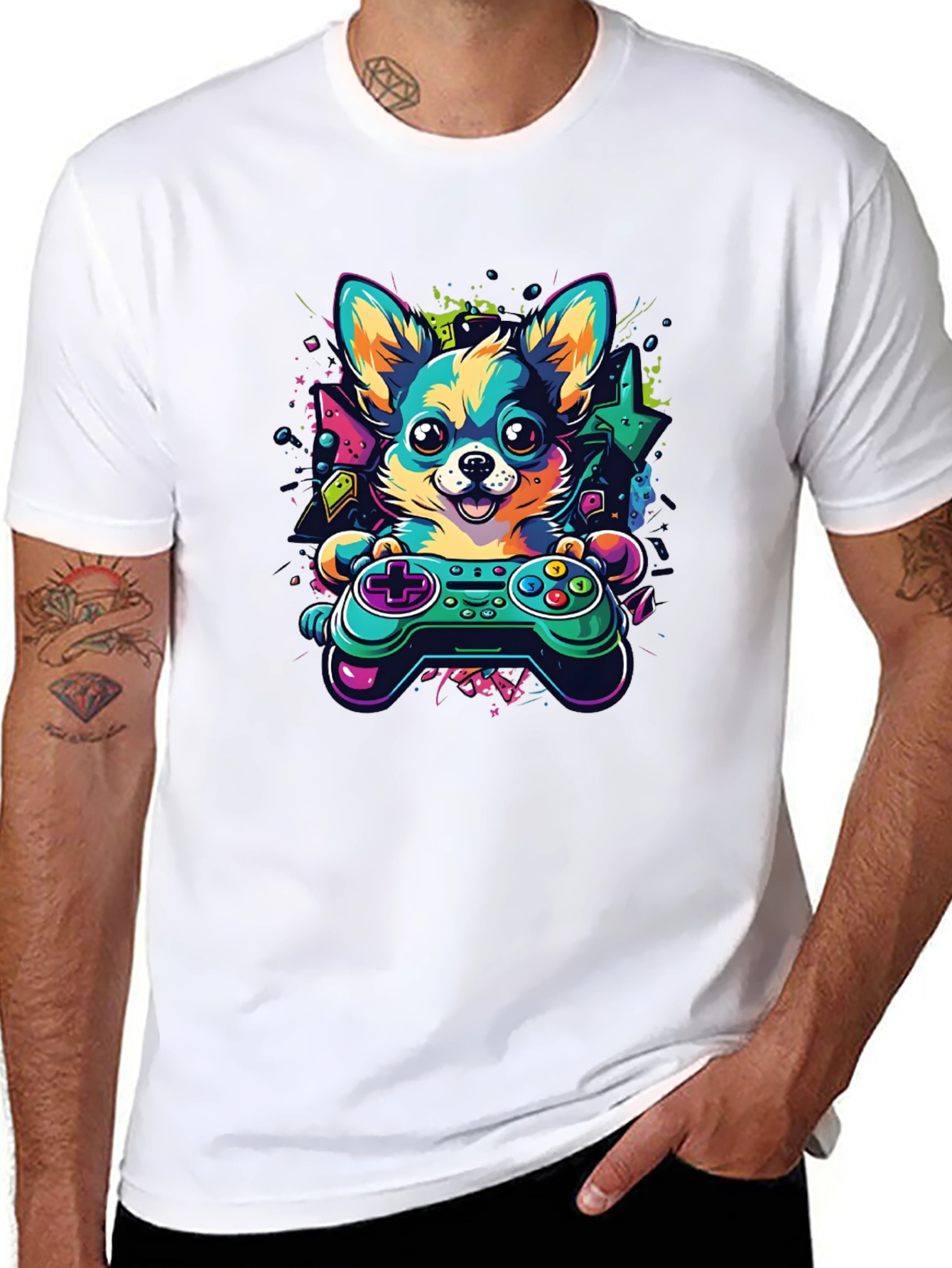 Gaming Dog Controller T-Shirt – Neon Gamer Dog Lover Graphic Tee Gift