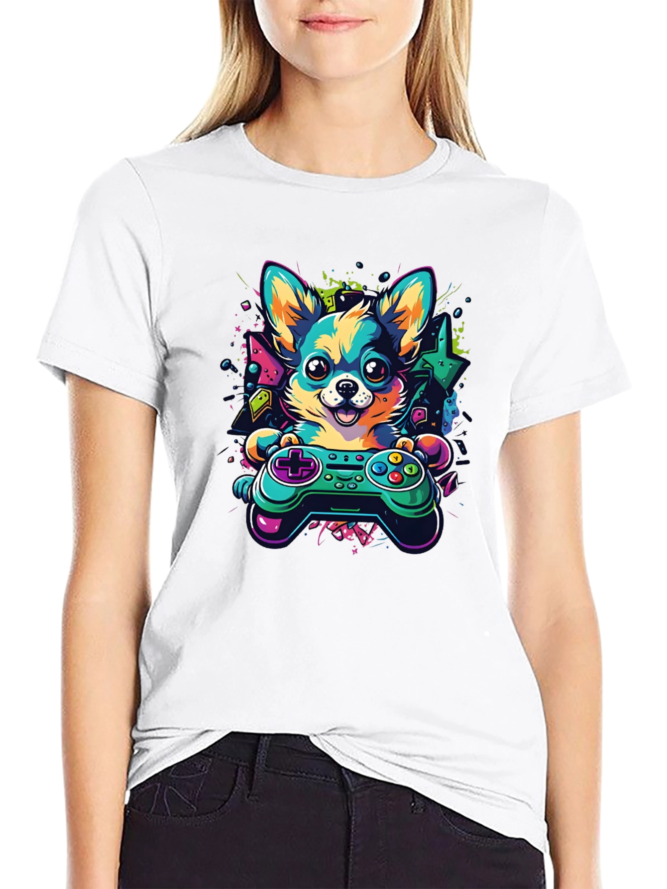 Gaming Dog Controller T-Shirt – Neon Gamer Dog Lover Graphic Tee Gift