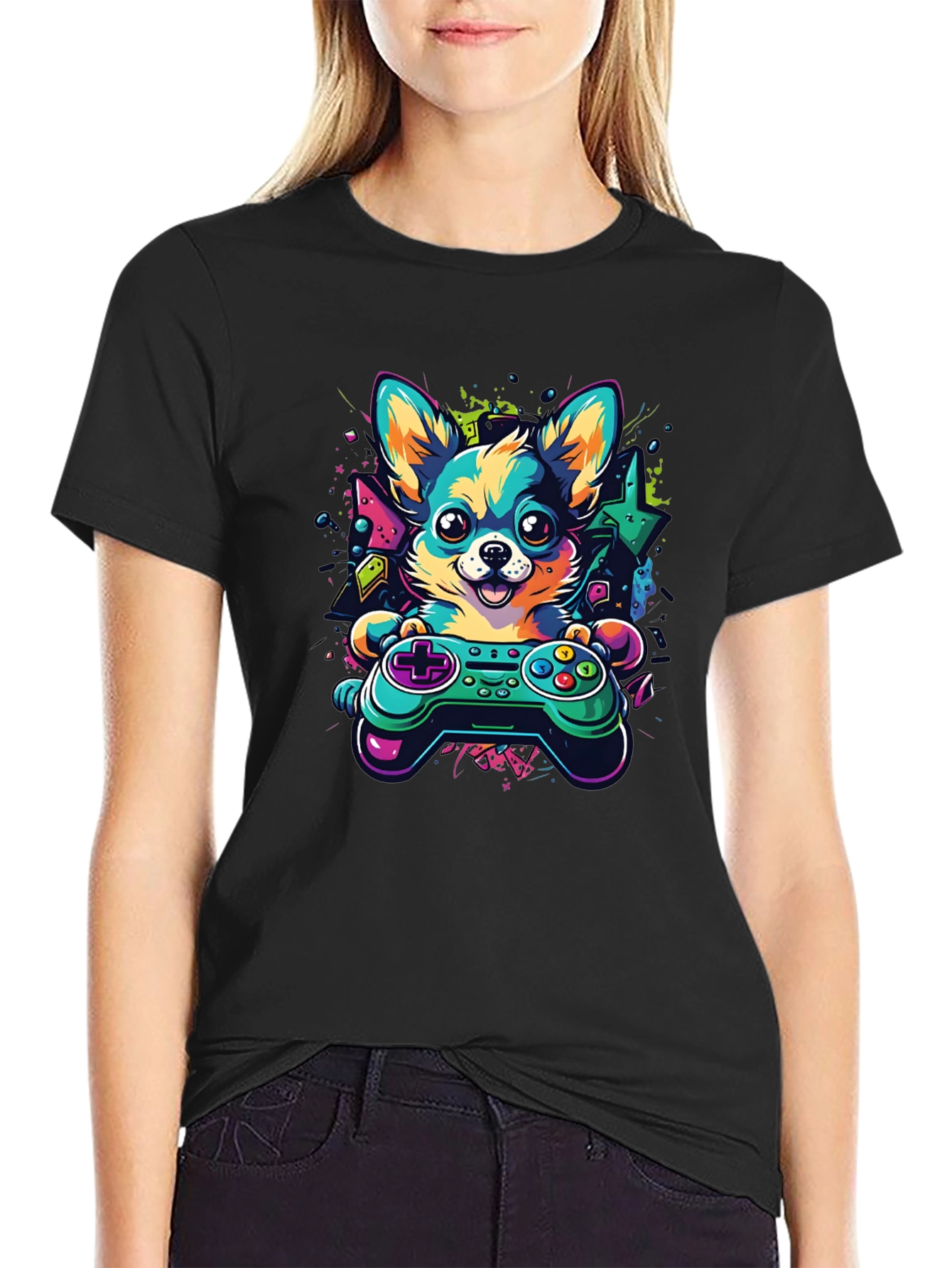 Gaming Dog Controller T-Shirt – Neon Gamer Dog Lover Graphic Tee Gift