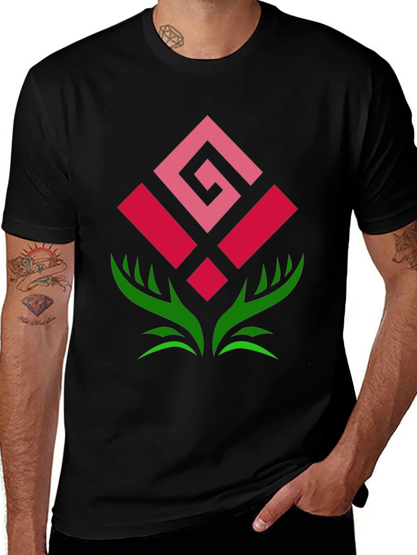 Geometric Rose Graphic Tee - Modern Floral Design