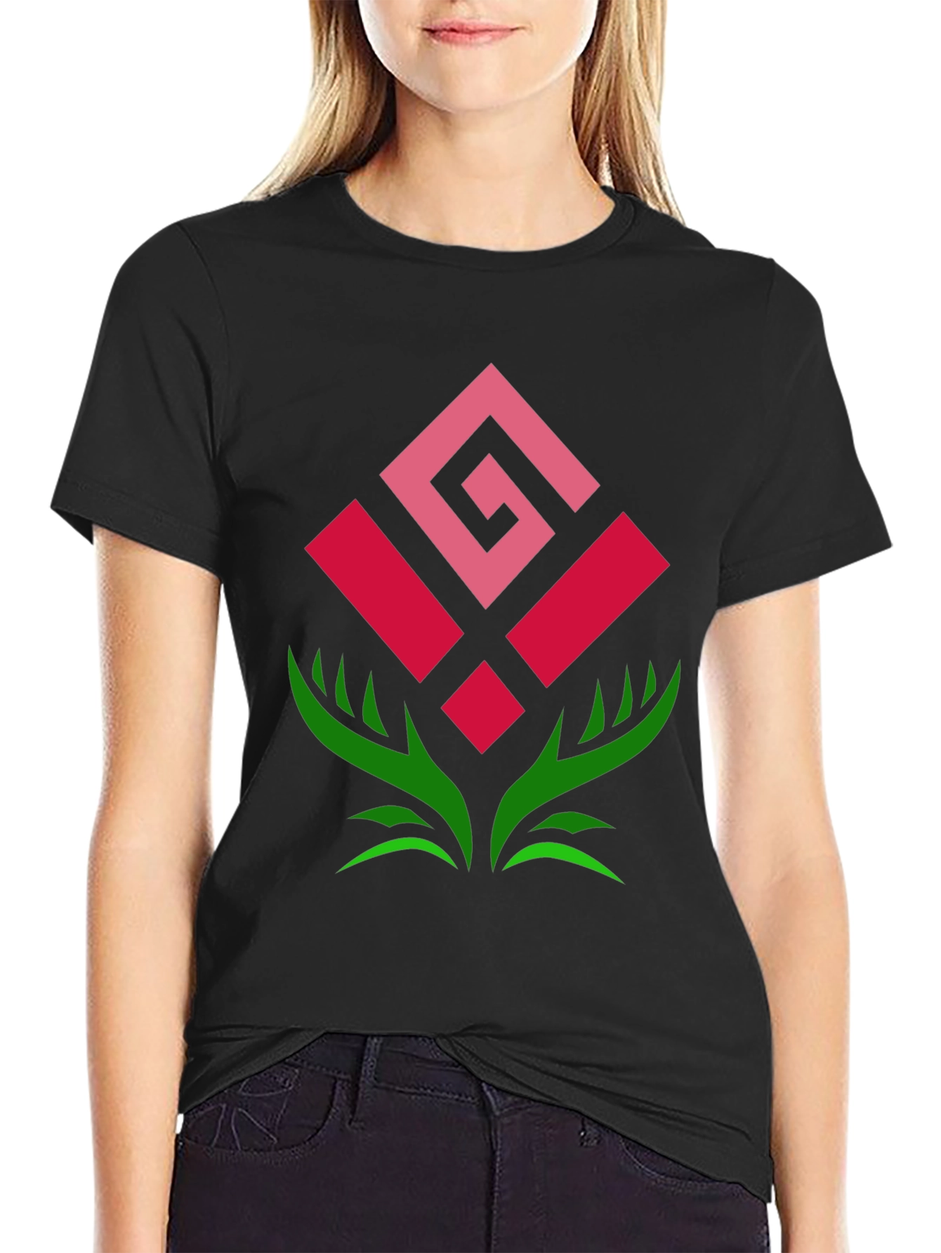 Geometric Rose Graphic Tee - Modern Floral Design