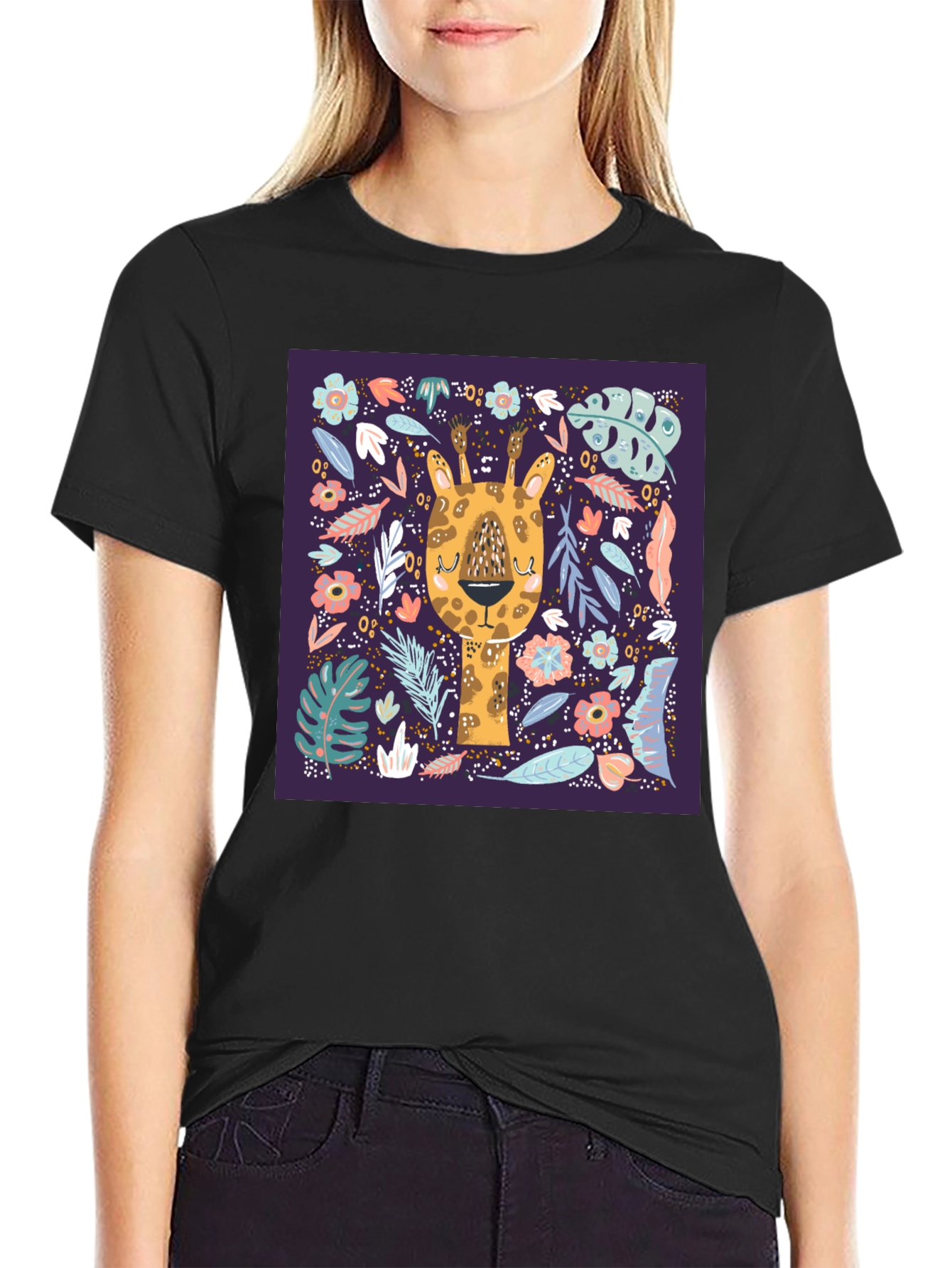 Giraffe Floral Graphic Tee - Unique Animal Print