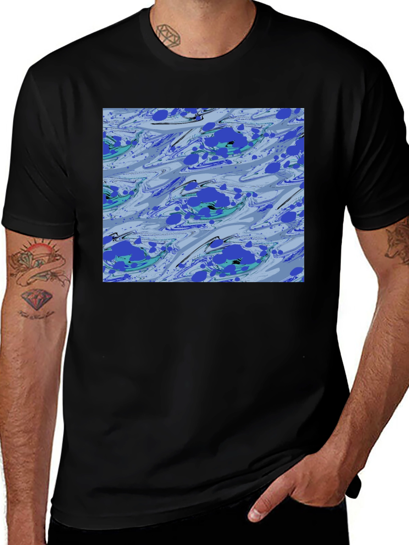 Abstract Blue Pattern Black T-Shirt
