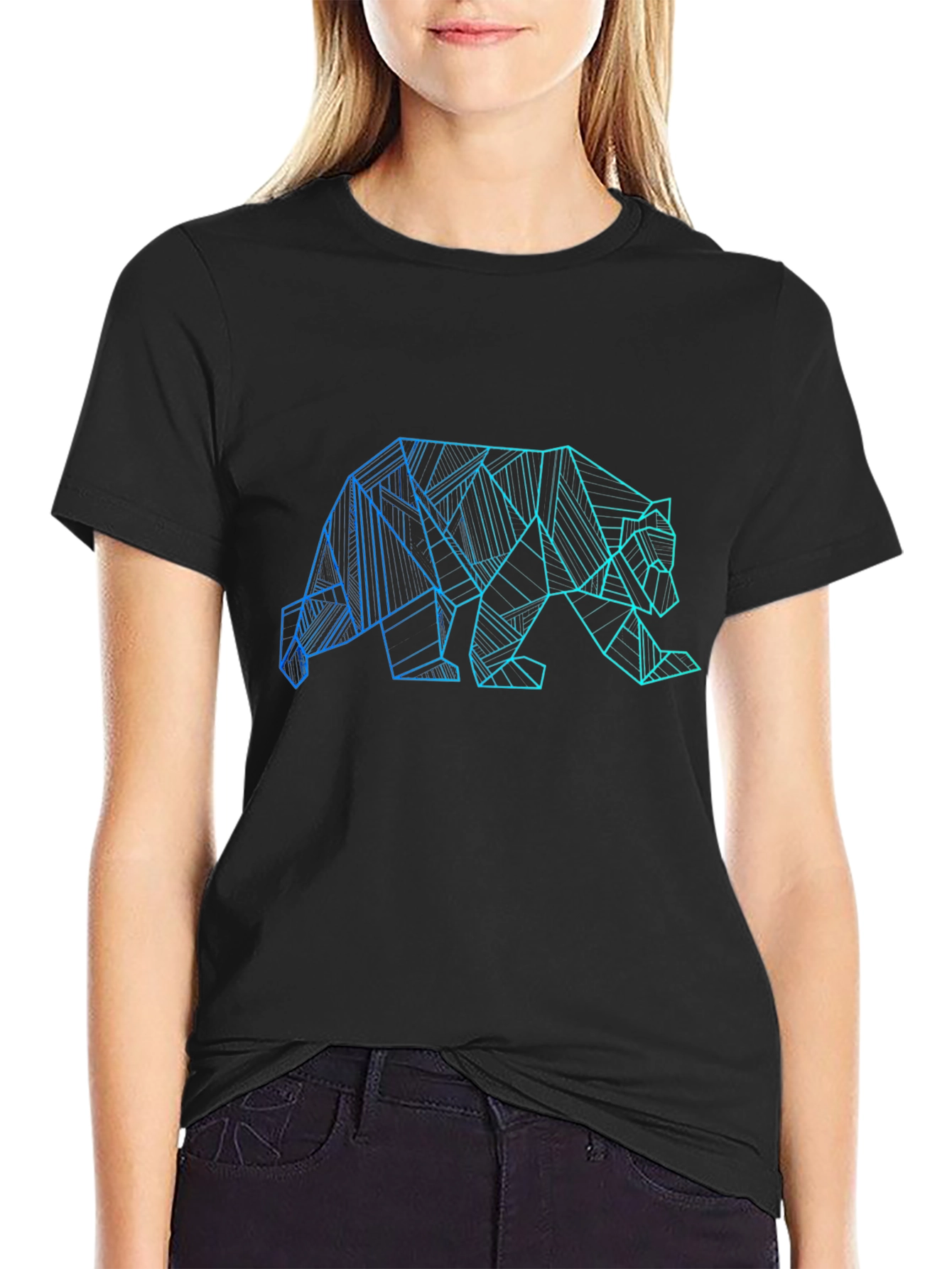 Geometric Bear Graphic Print Black T-Shirt