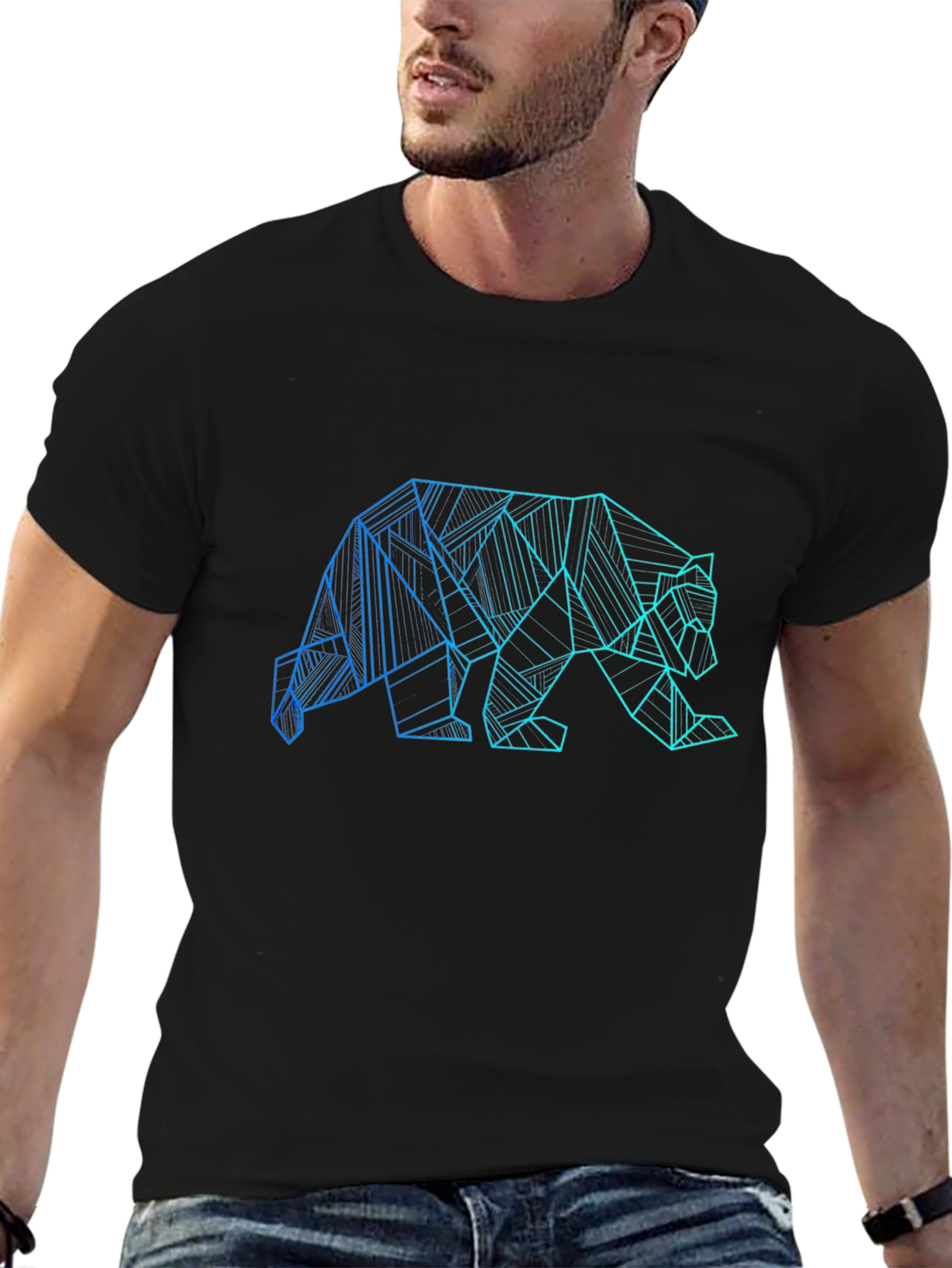 Geometric Bear Graphic Print Black T-Shirt