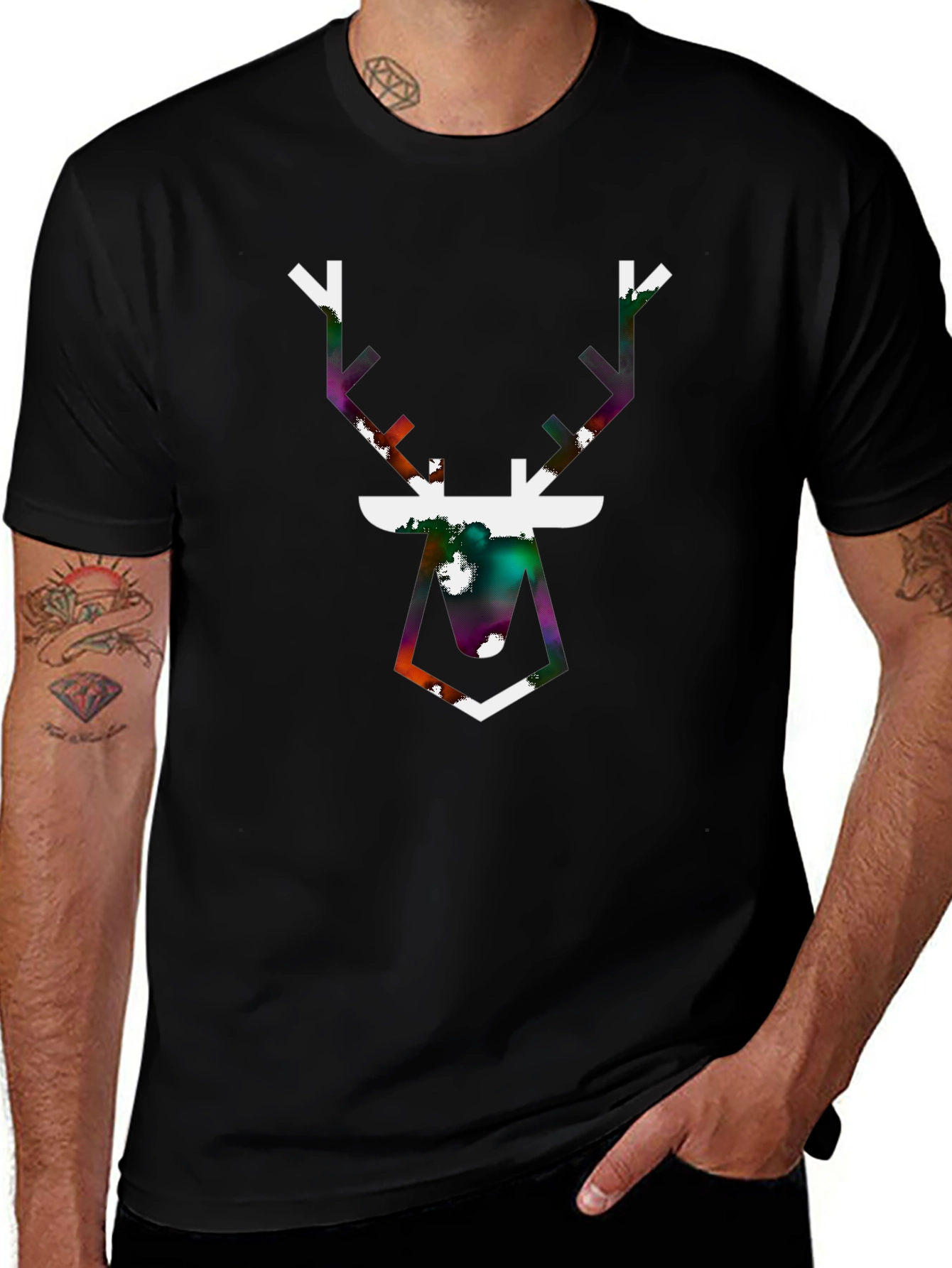 Geometric Deer Graphic Tee - Black Cotton Blend