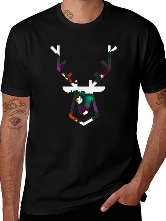 Geometric Deer Graphic Tee - Black Cotton Blend