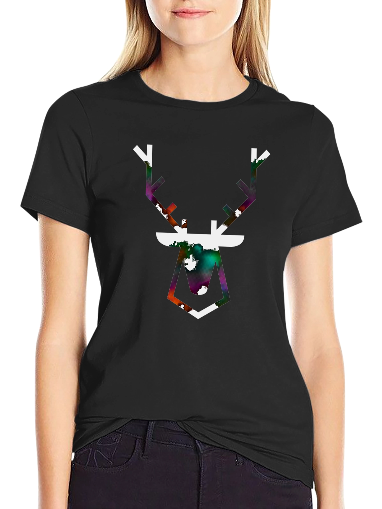 Geometric Deer Graphic Tee - Black Cotton Blend