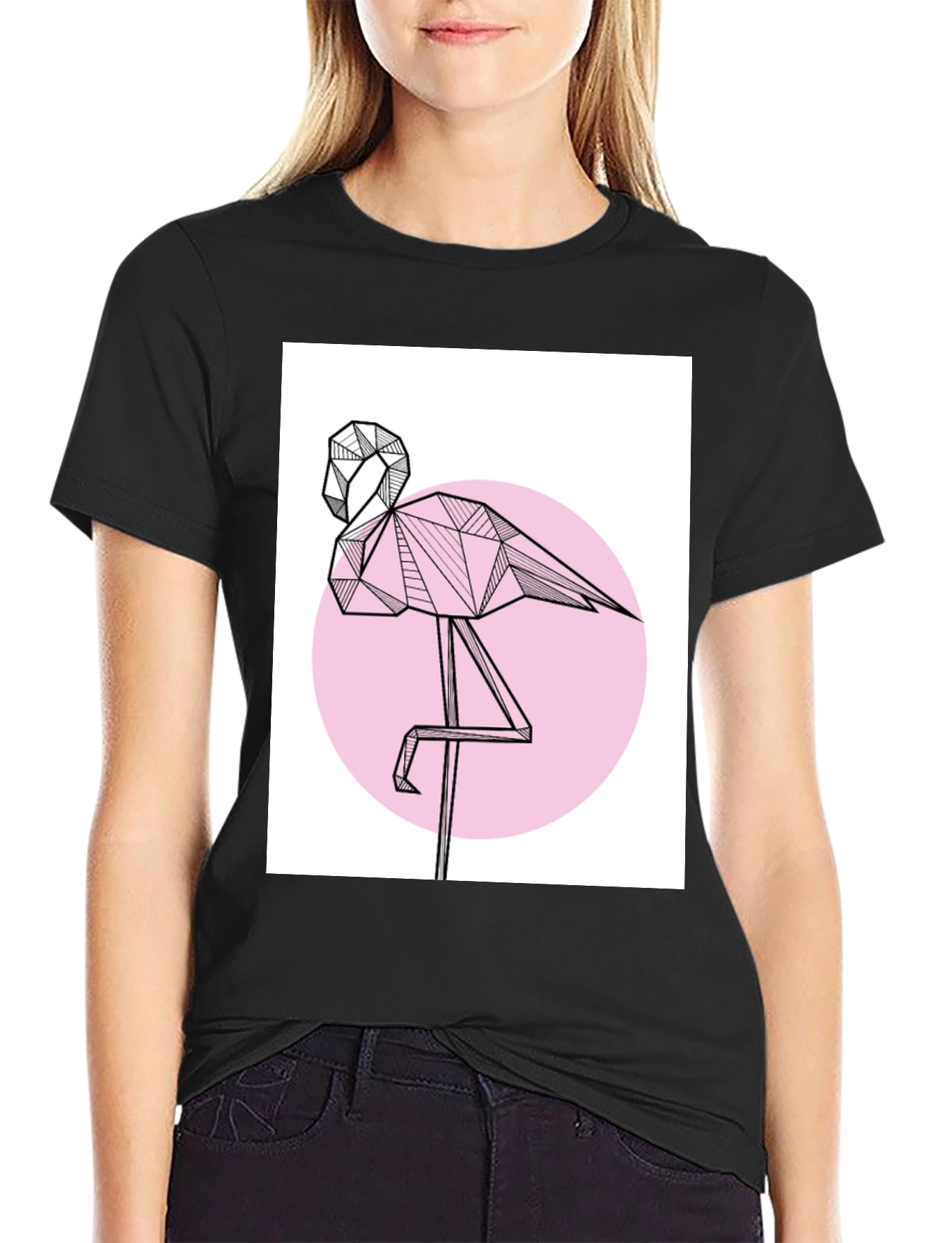 Geometric Flamingo Black T-Shirt