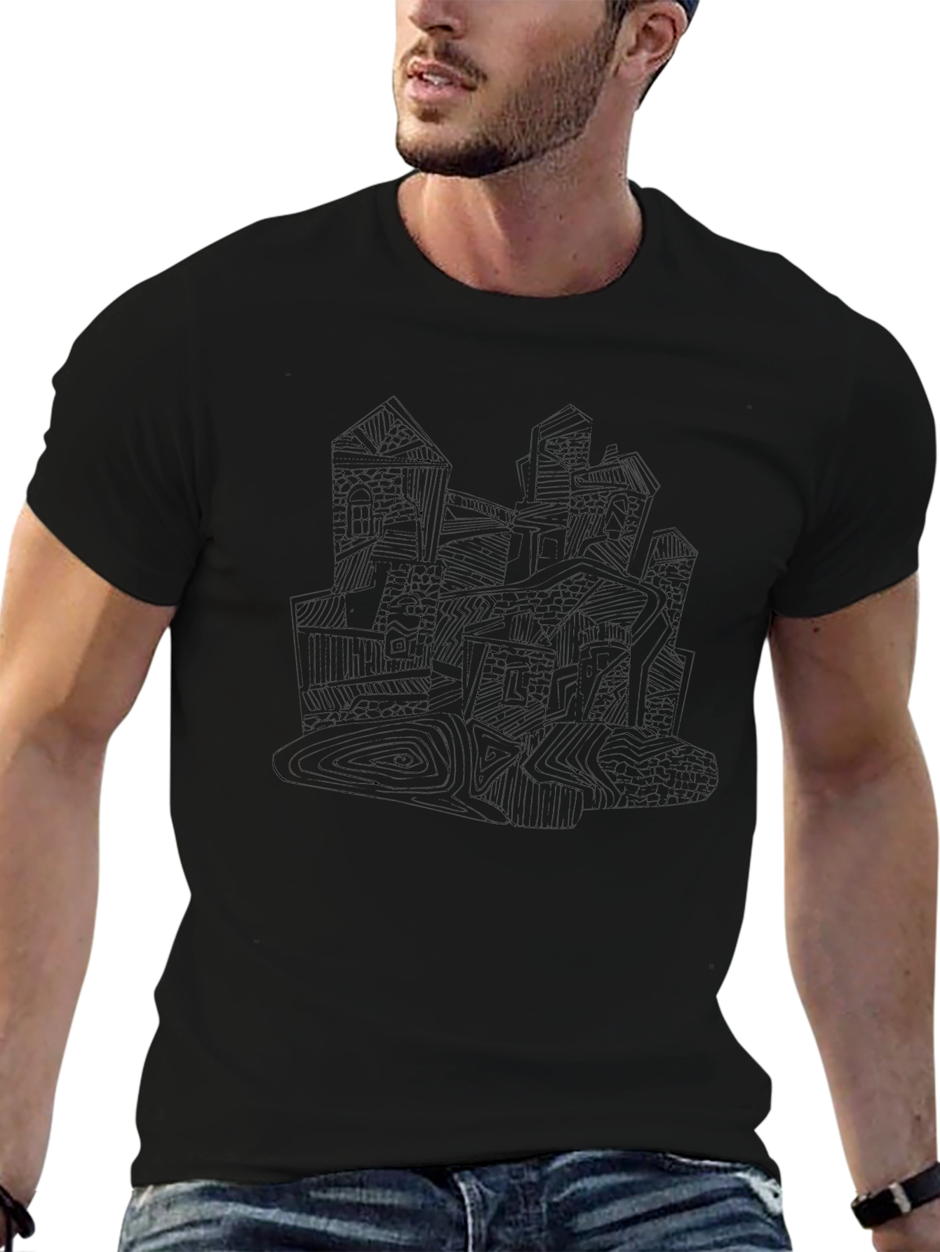 Abstract Cityscape Graphic Tee - Black Cotton
