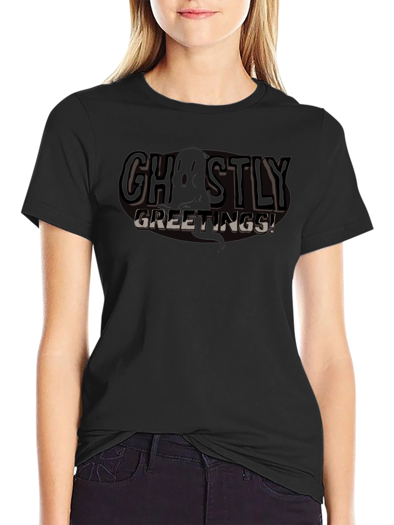 Ghostly Greetings Black Graphic T-Shirt