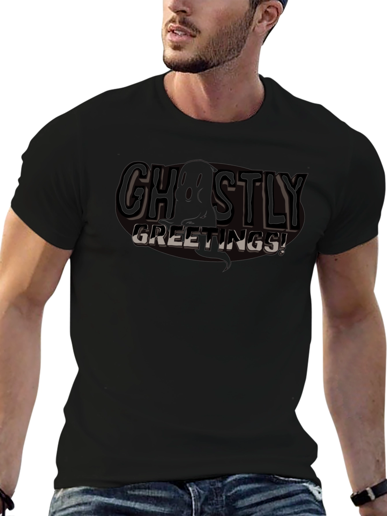 Ghostly Greetings Black Graphic T-Shirt