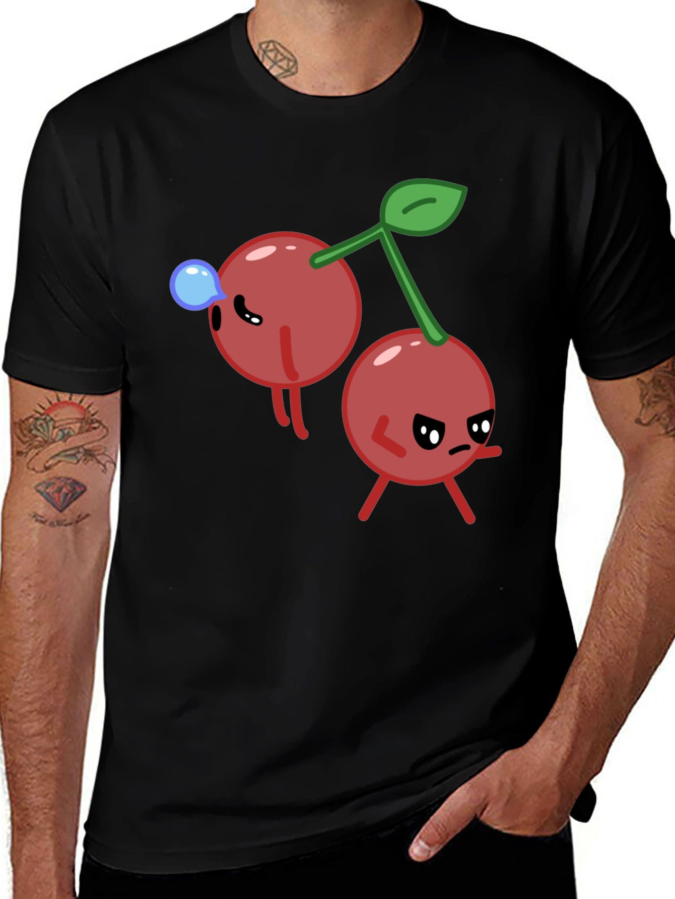 Funny Cherry Cartoon Black T-Shirt