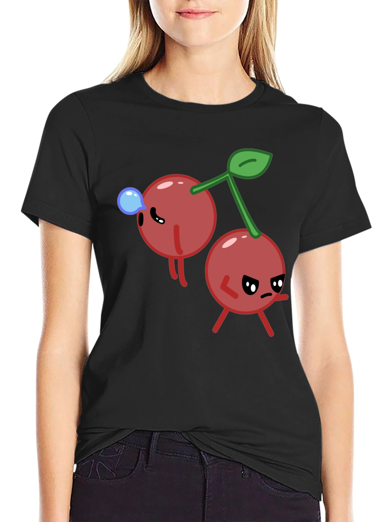 Funny Cherry Cartoon Black T-Shirt