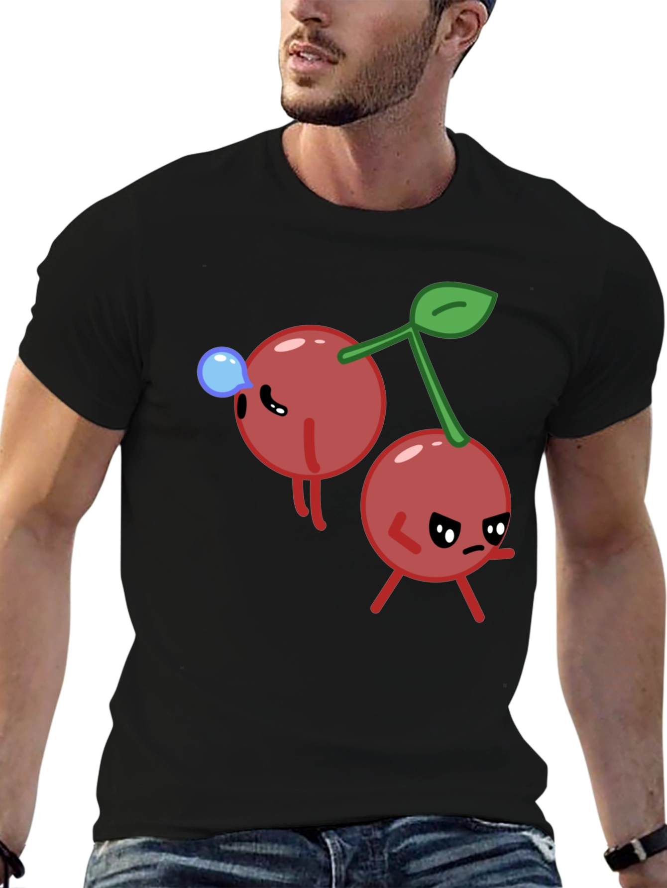 Funny Cherry Cartoon Black T-Shirt