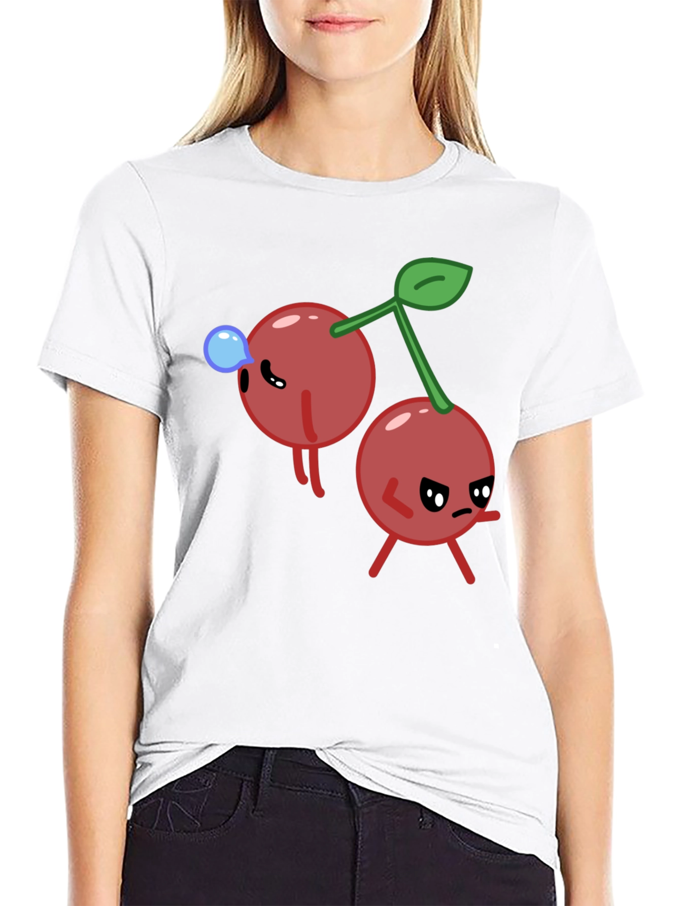 Funny Cherry Cartoon Black T-Shirt
