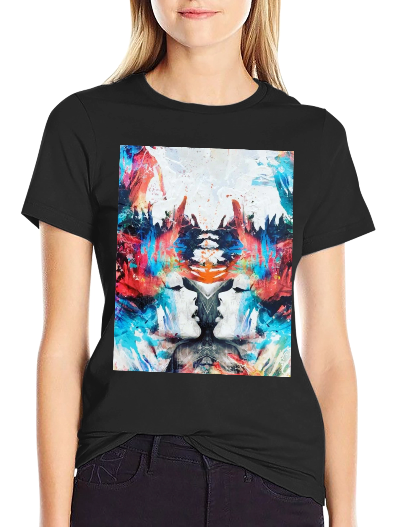 Abstract Face Print Black T-Shirt