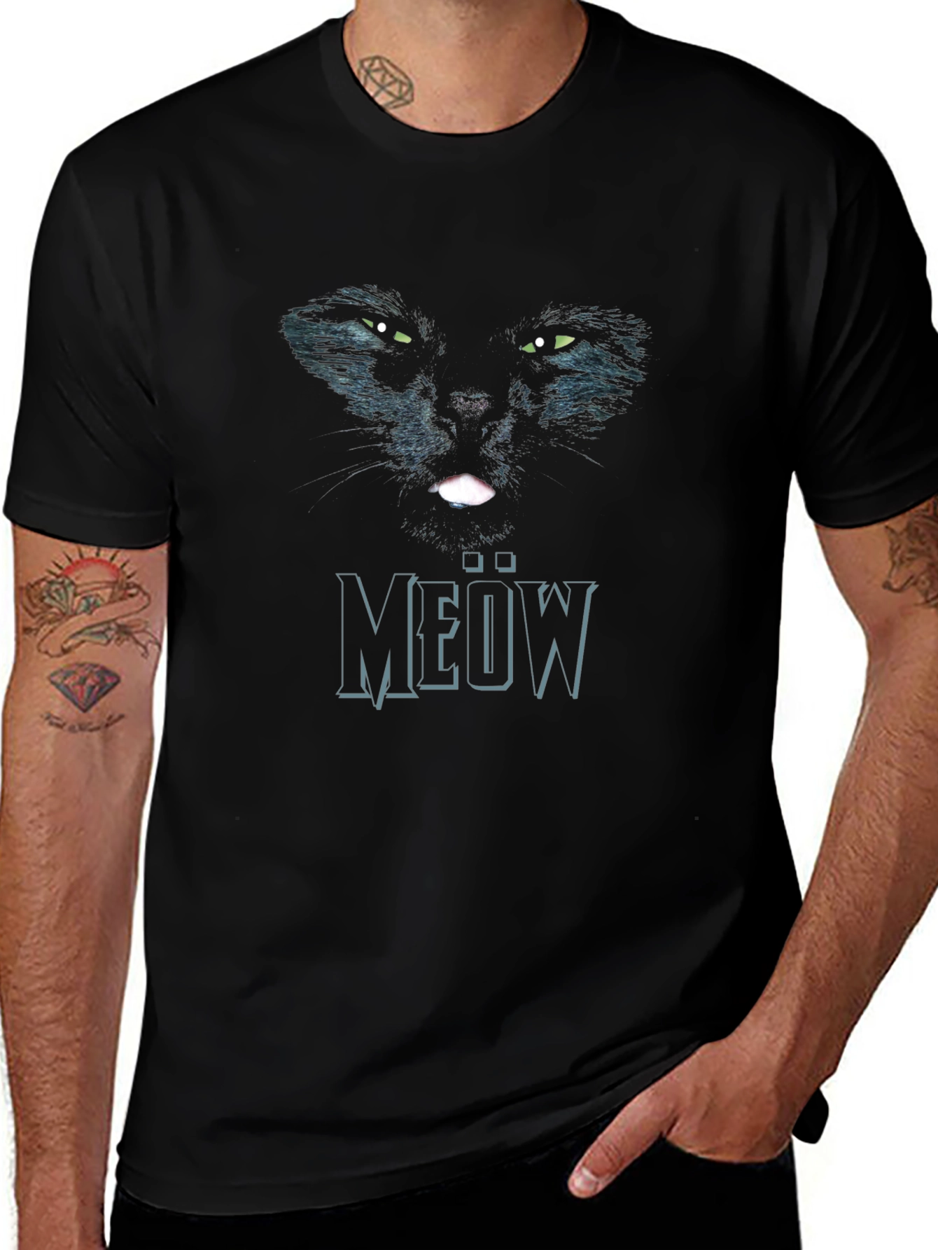 Black Cat Meow Graphic T-Shirt
