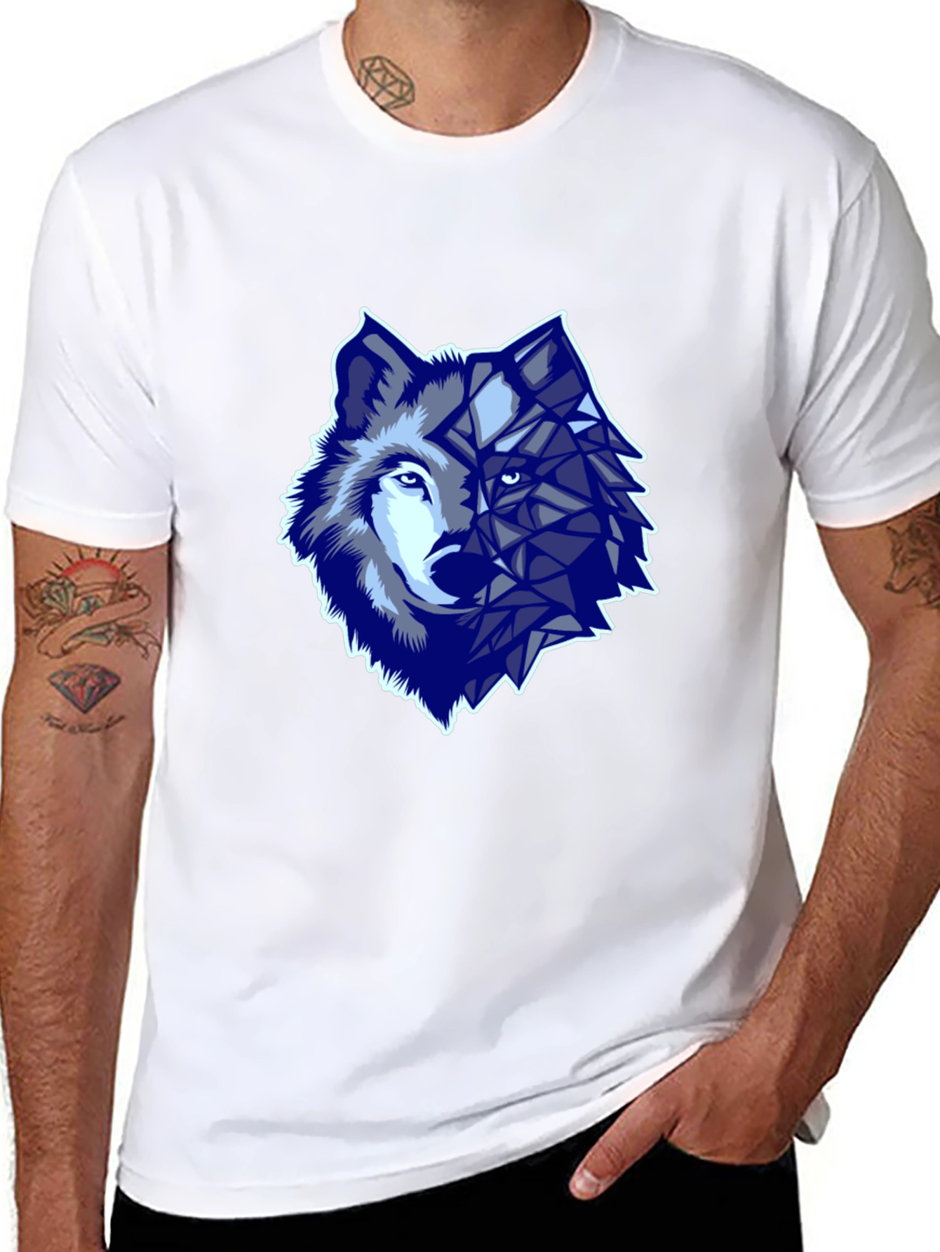 Geometric Wolf Graphic Print T-Shirt - Black