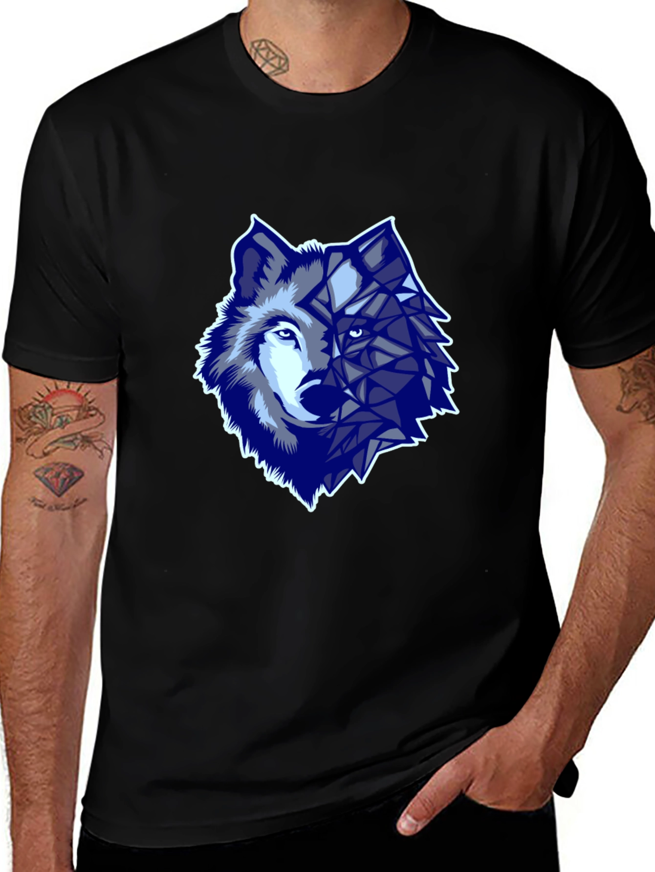 Geometric Wolf Graphic Print T-Shirt - Black
