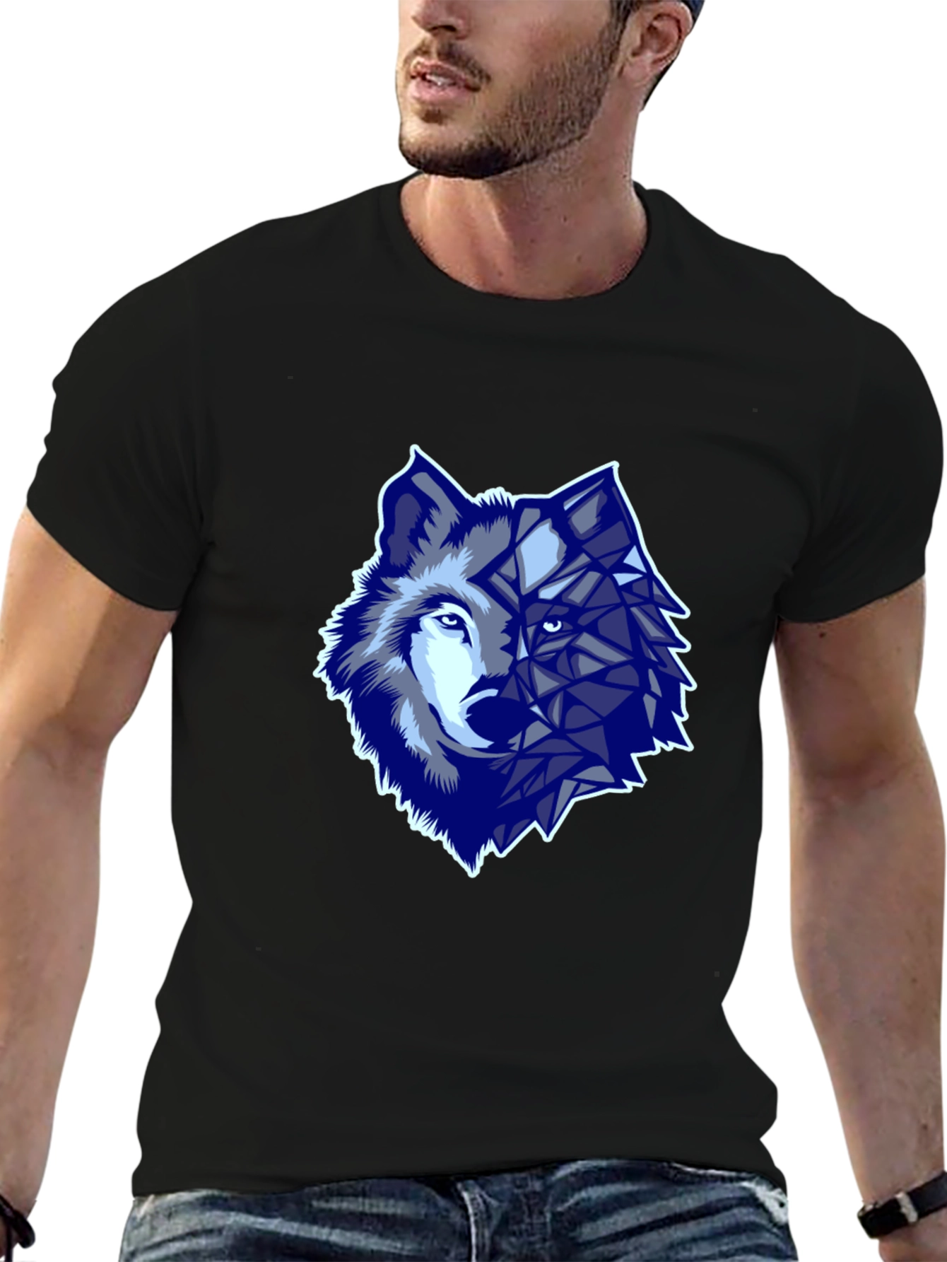 Geometric Wolf Graphic Print T-Shirt - Black