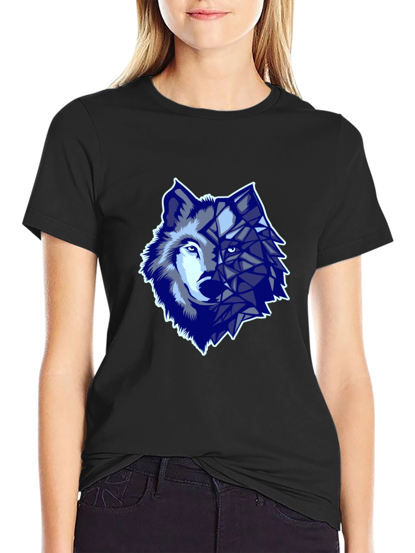 Geometric Wolf Graphic Print T-Shirt - Black