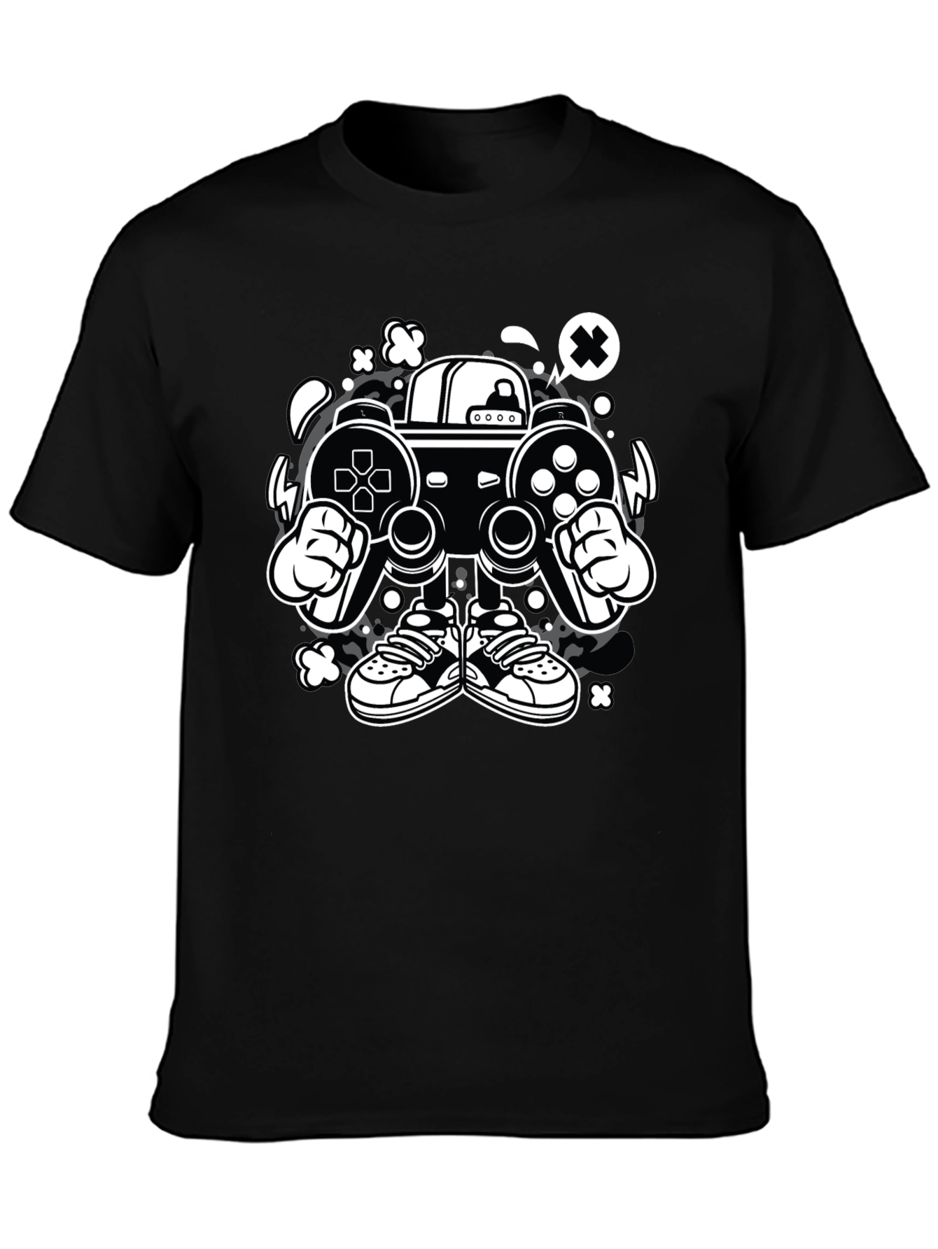 Gaming Console Cartoon Graphic Tee - Black