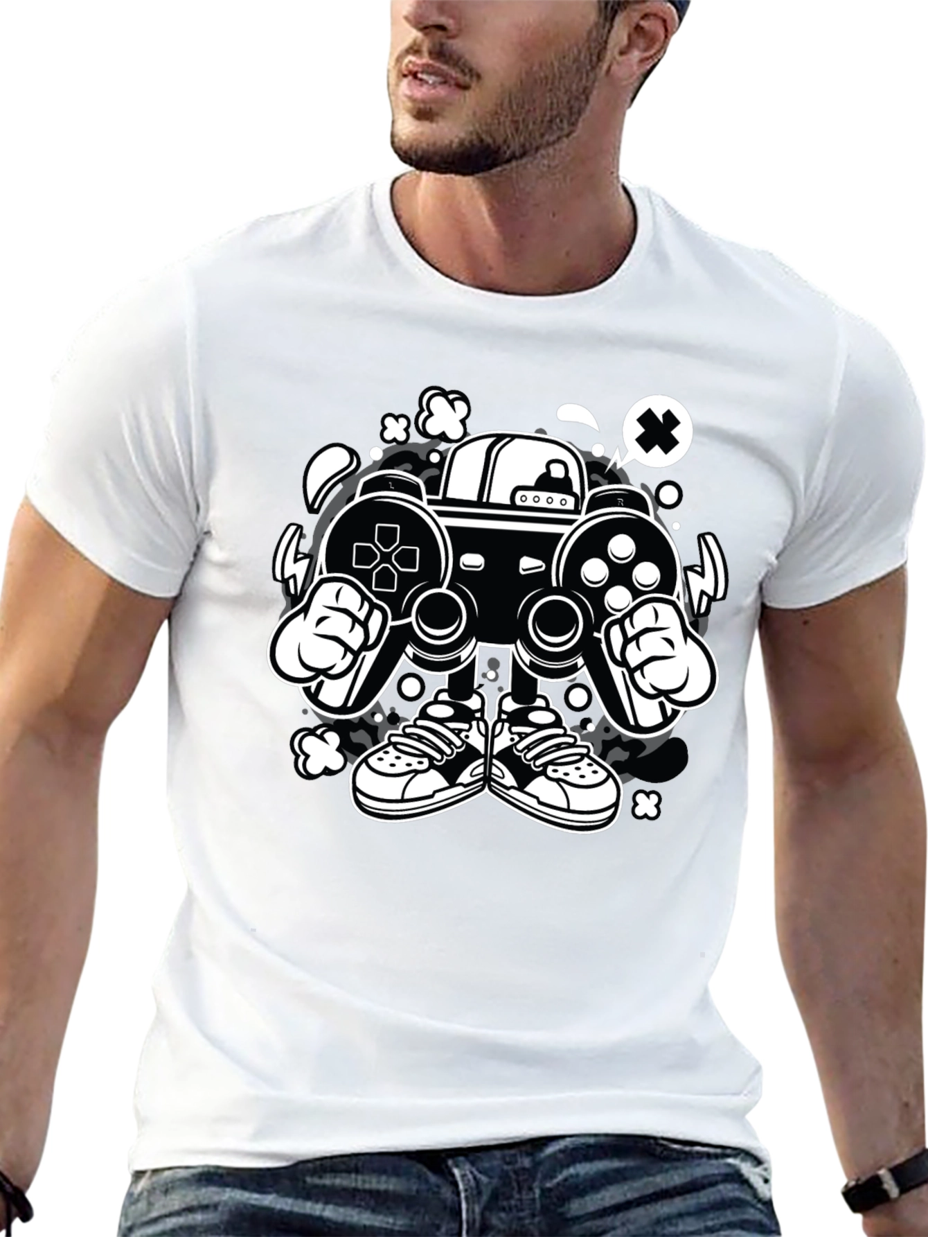 Gaming Console Cartoon Graphic Tee - Black