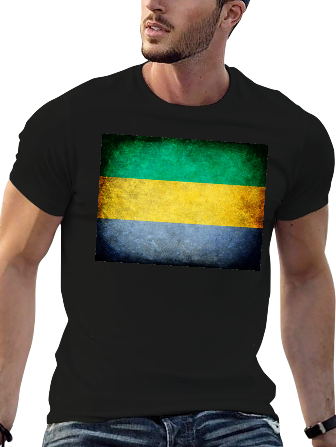 Gabon Flag Graphic T-Shirt - Black Crew Neck Tee