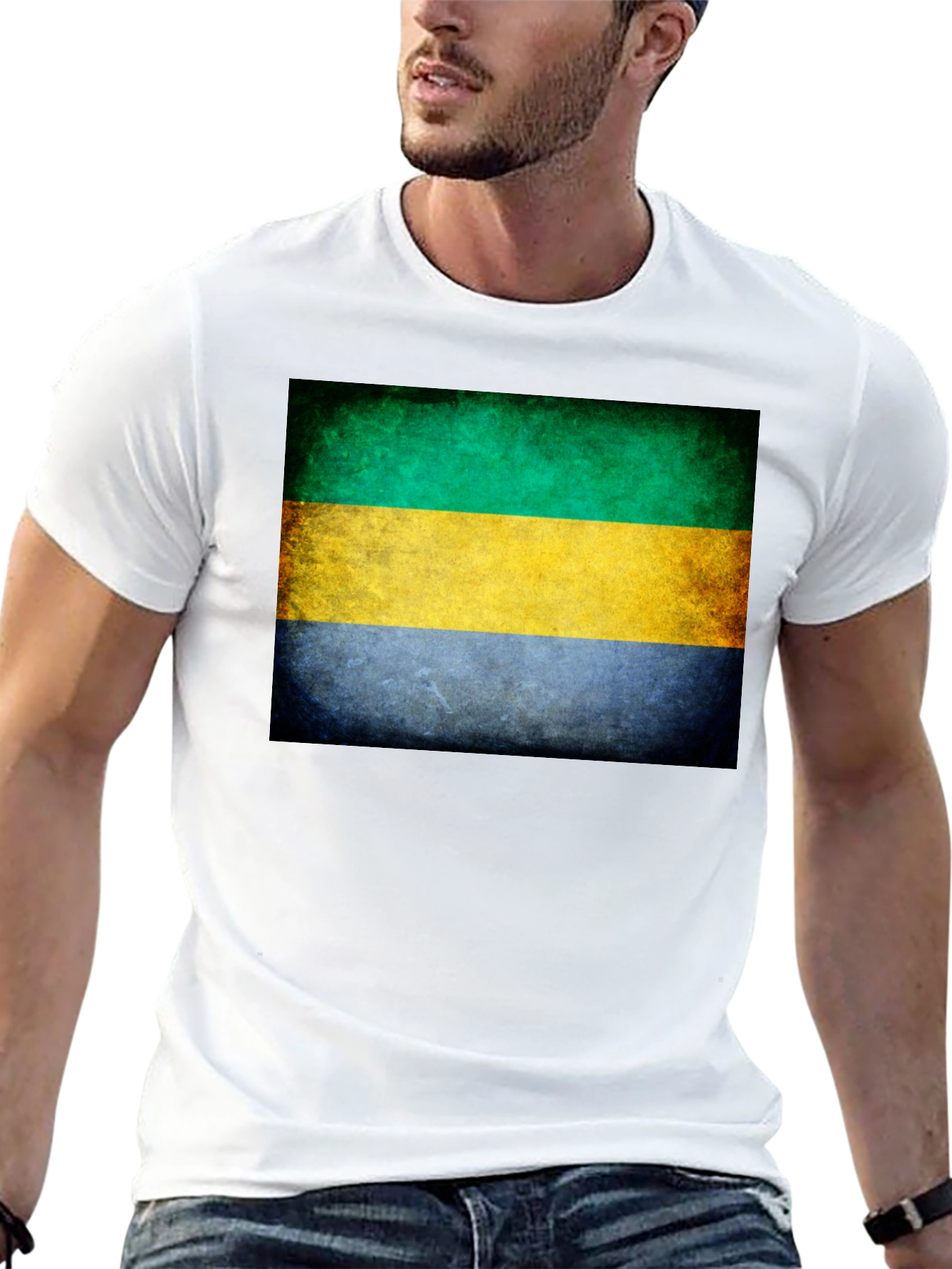 Gabon Flag Graphic T-Shirt - Black Crew Neck Tee